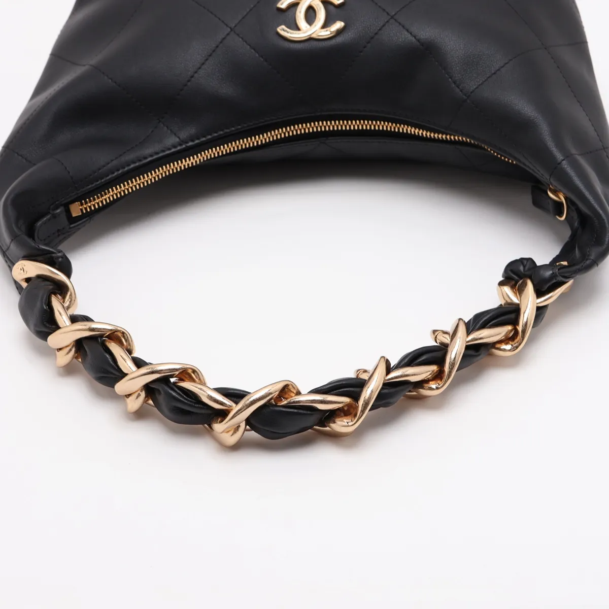 Matelassé Lambskin Chain Shoulder Bag Hobo, Black with Gold Hardware, ENTJ84PJ, Random Plate — view 5