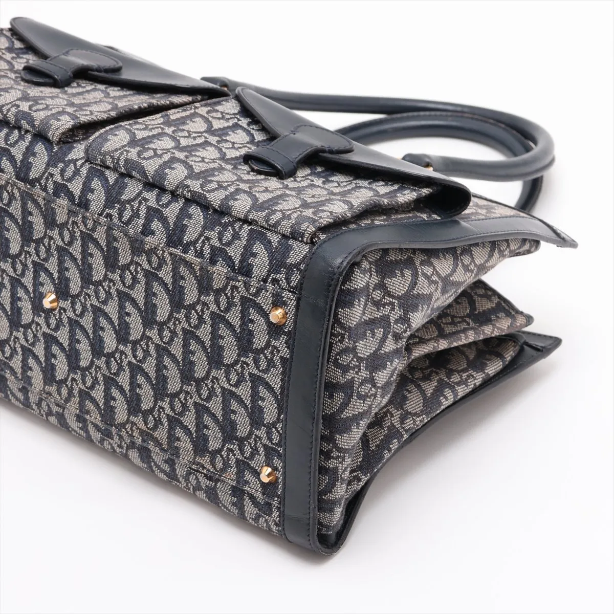 Trotter Canvas x Leather Tote Bag, Navy — view 3