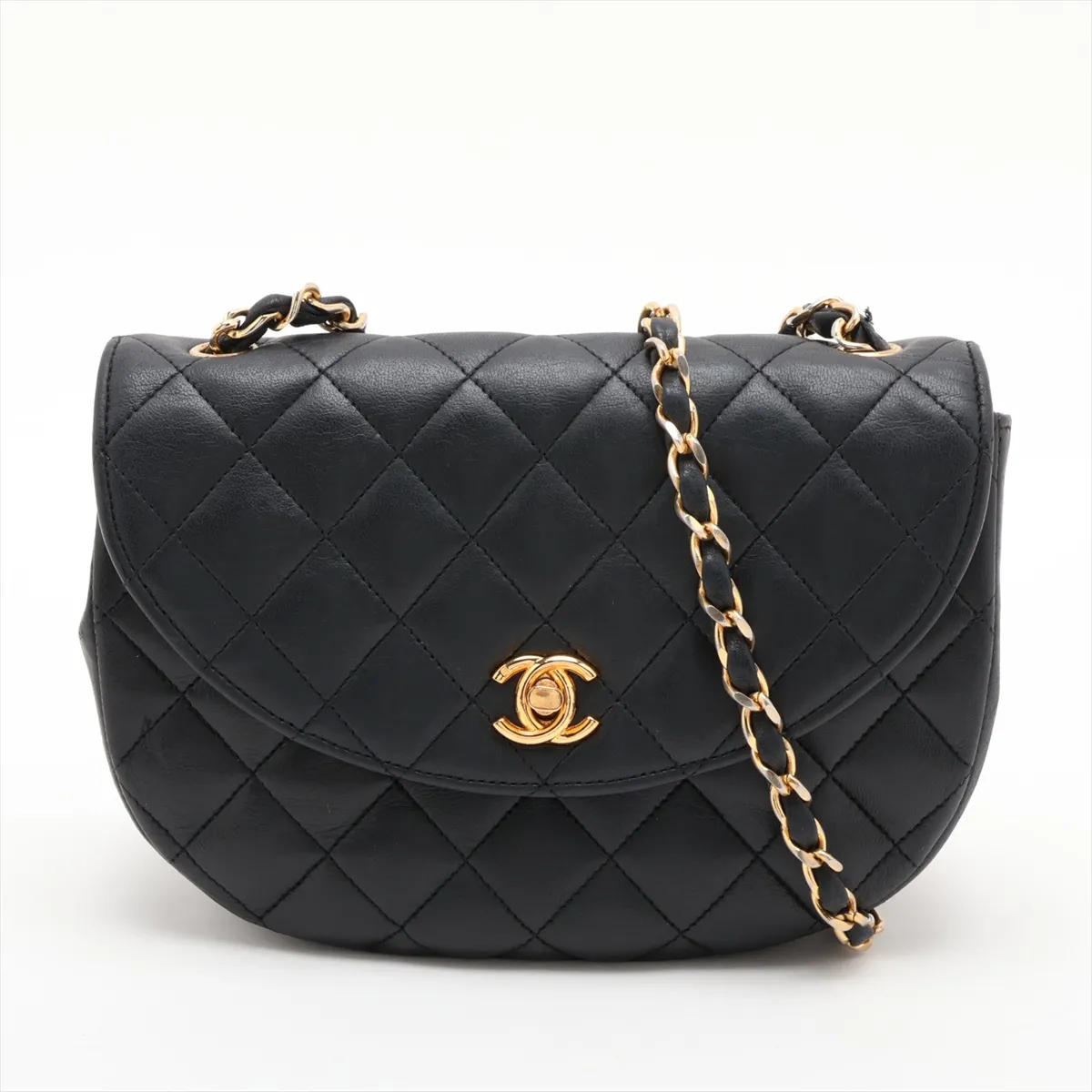 Matelassé Lambskin Single Flap Single Chain Bag, Half Moon Design, Black with Gold Hardware