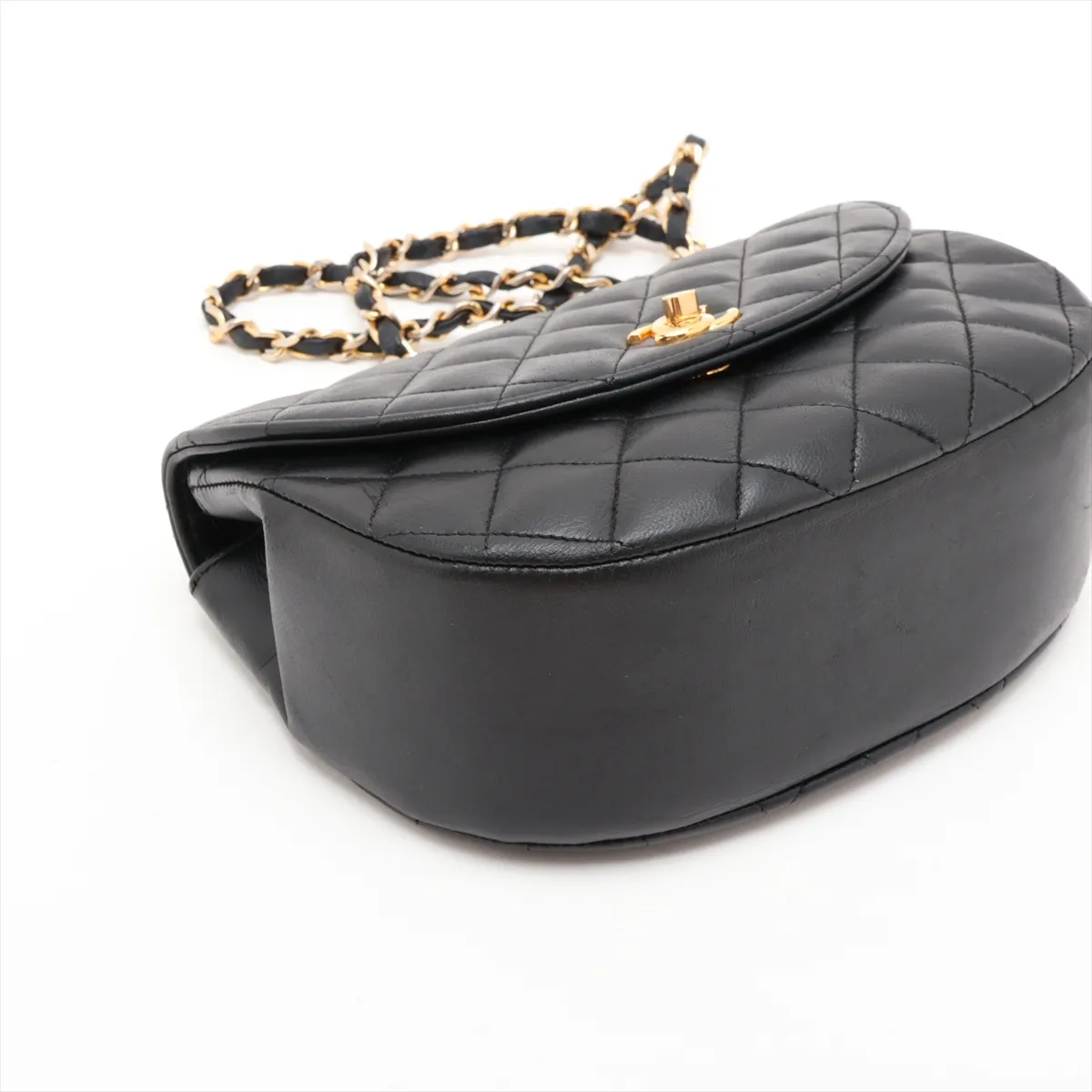 Matelassé Lambskin Single Flap Single Chain Bag, Half Moon Design, Black with Gold Hardware — view 4