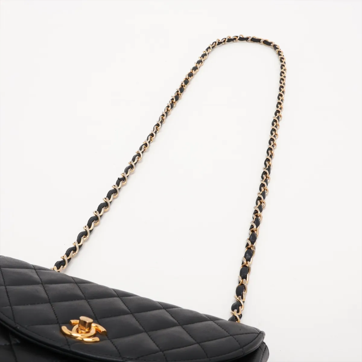 Matelassé Lambskin Single Flap Single Chain Bag, Half Moon Design, Black with Gold Hardware — view 5