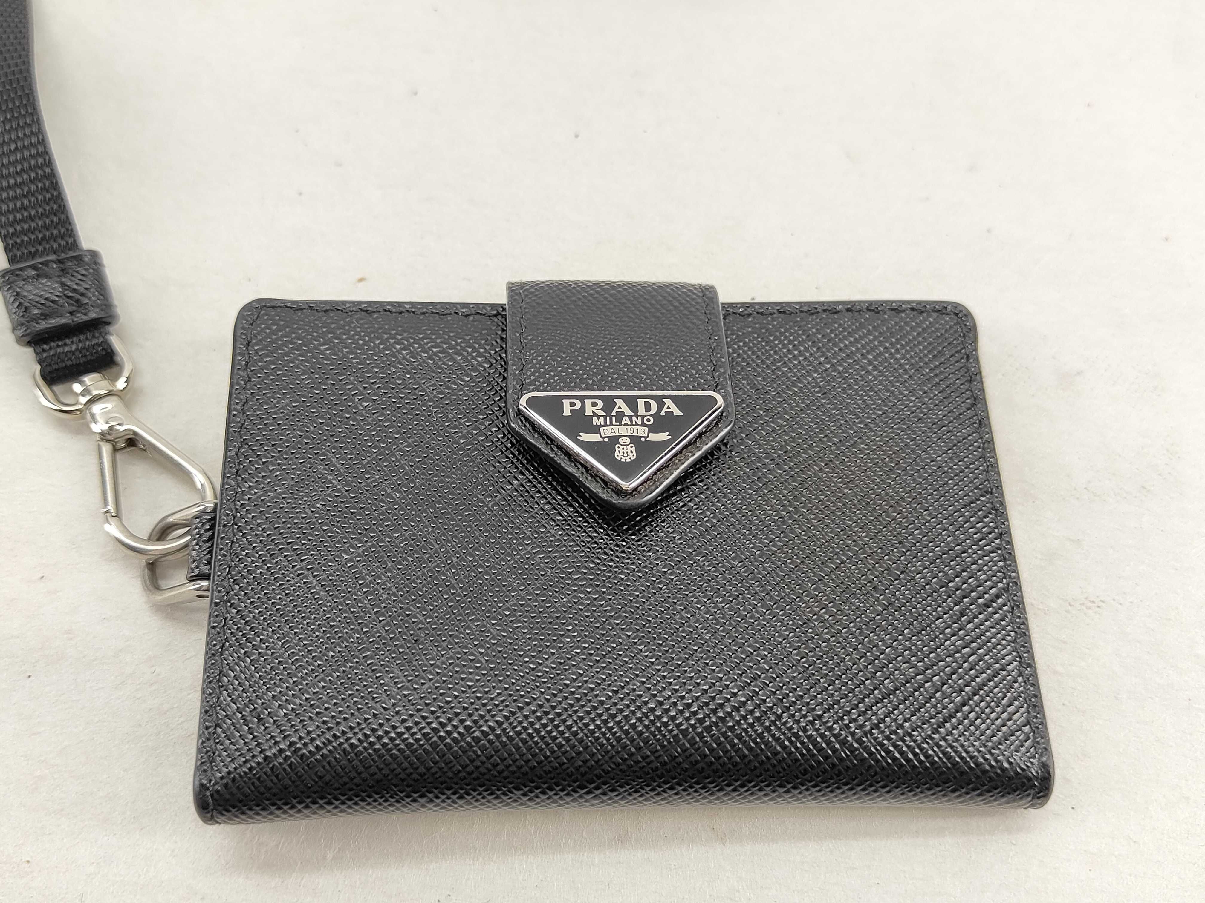 Saffiano Leather Triangle Logo Card Case, Black, with Neck Strap, ID Pass Case 2MC088, Card Holder, 30 Key Case/Keychain — view 2
