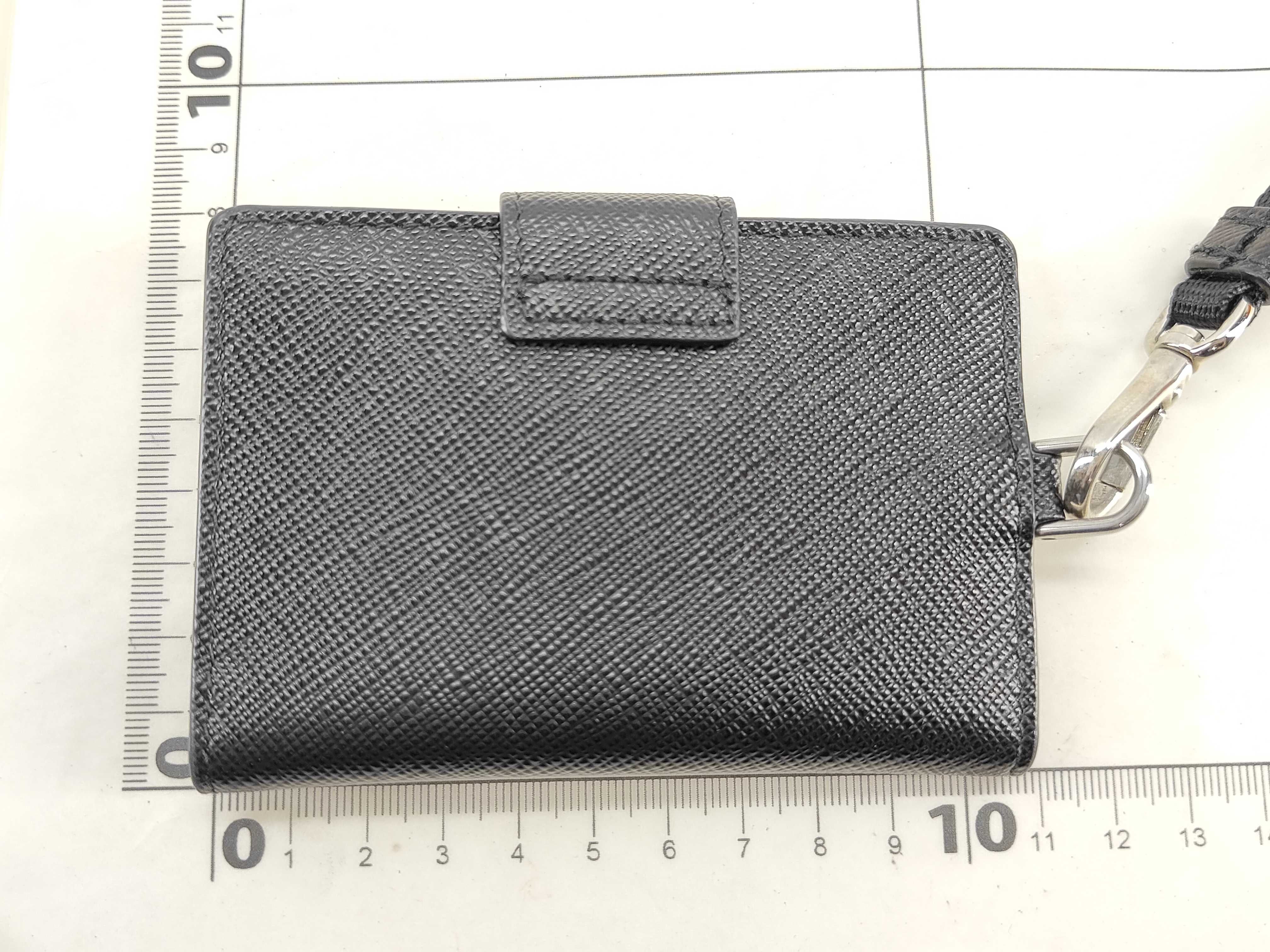 Saffiano Leather Triangle Logo Card Case, Black, with Neck Strap, ID Pass Case 2MC088, Card Holder, 30 Key Case/Keychain — view 3
