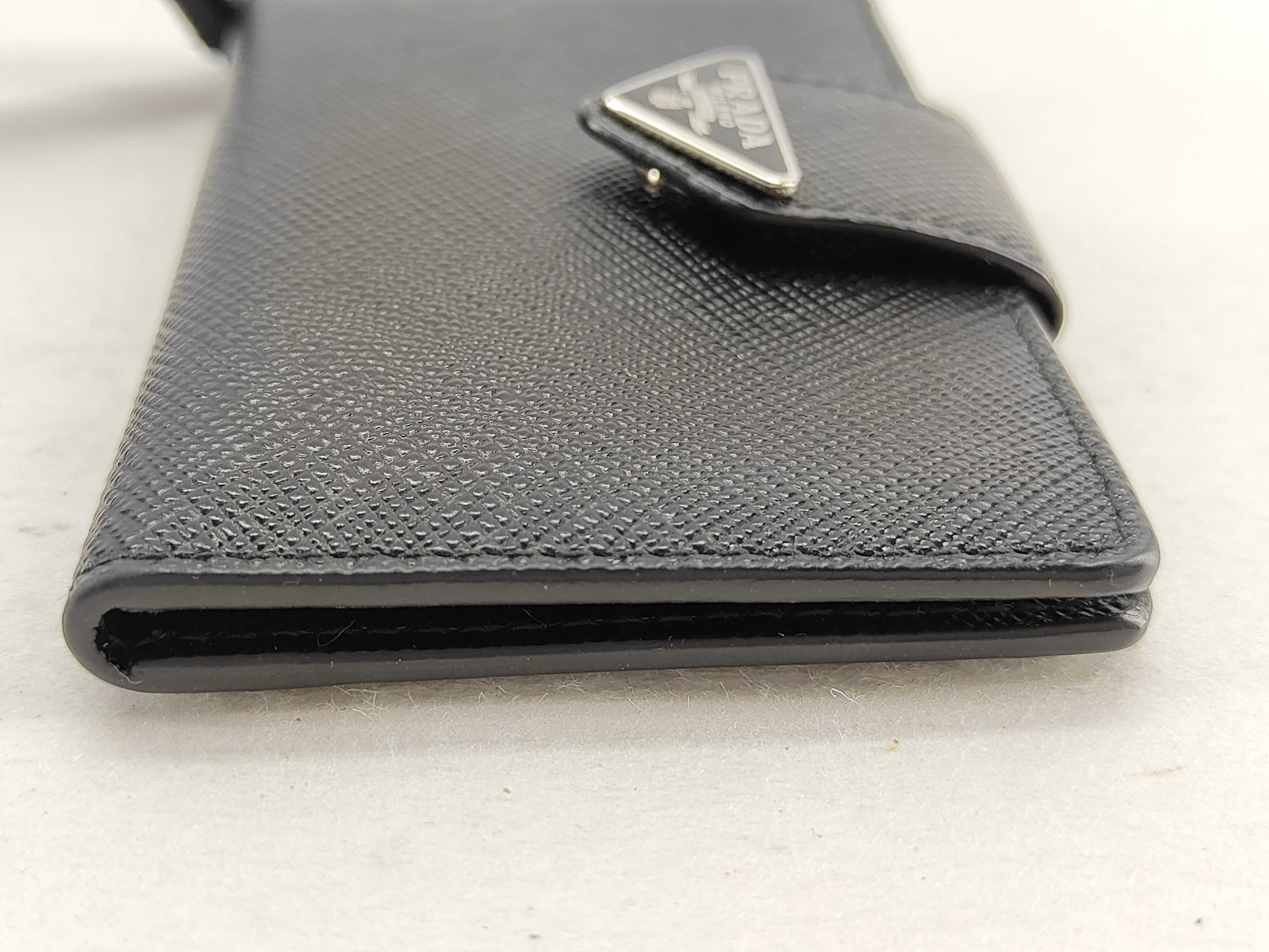 Saffiano Leather Triangle Logo Card Case, Black, with Neck Strap, ID Pass Case 2MC088, Card Holder, 30 Key Case/Keychain — view 6