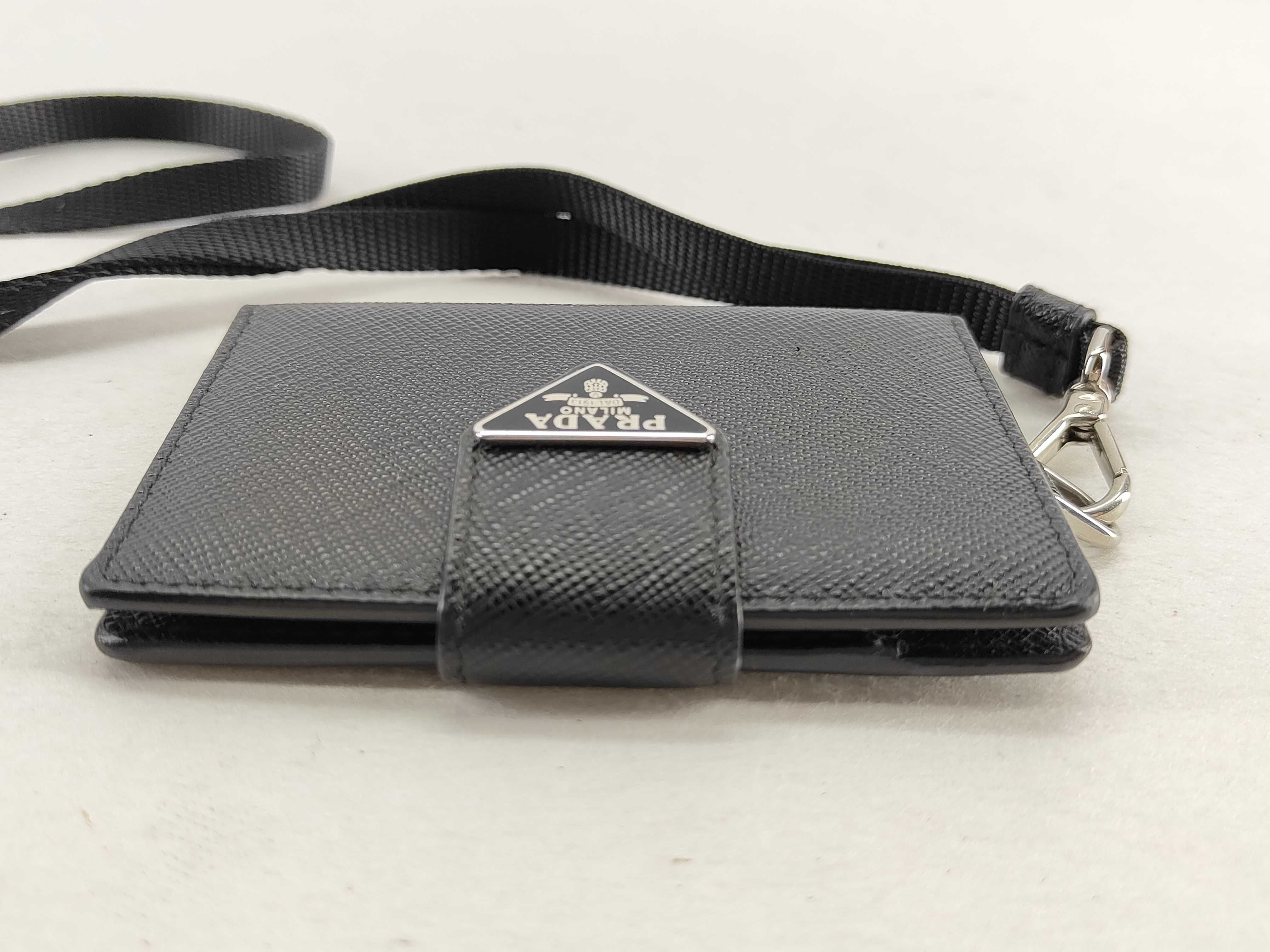 Saffiano Leather Triangle Logo Card Case, Black, with Neck Strap, ID Pass Case 2MC088, Card Holder, 30 Key Case/Keychain — view 7