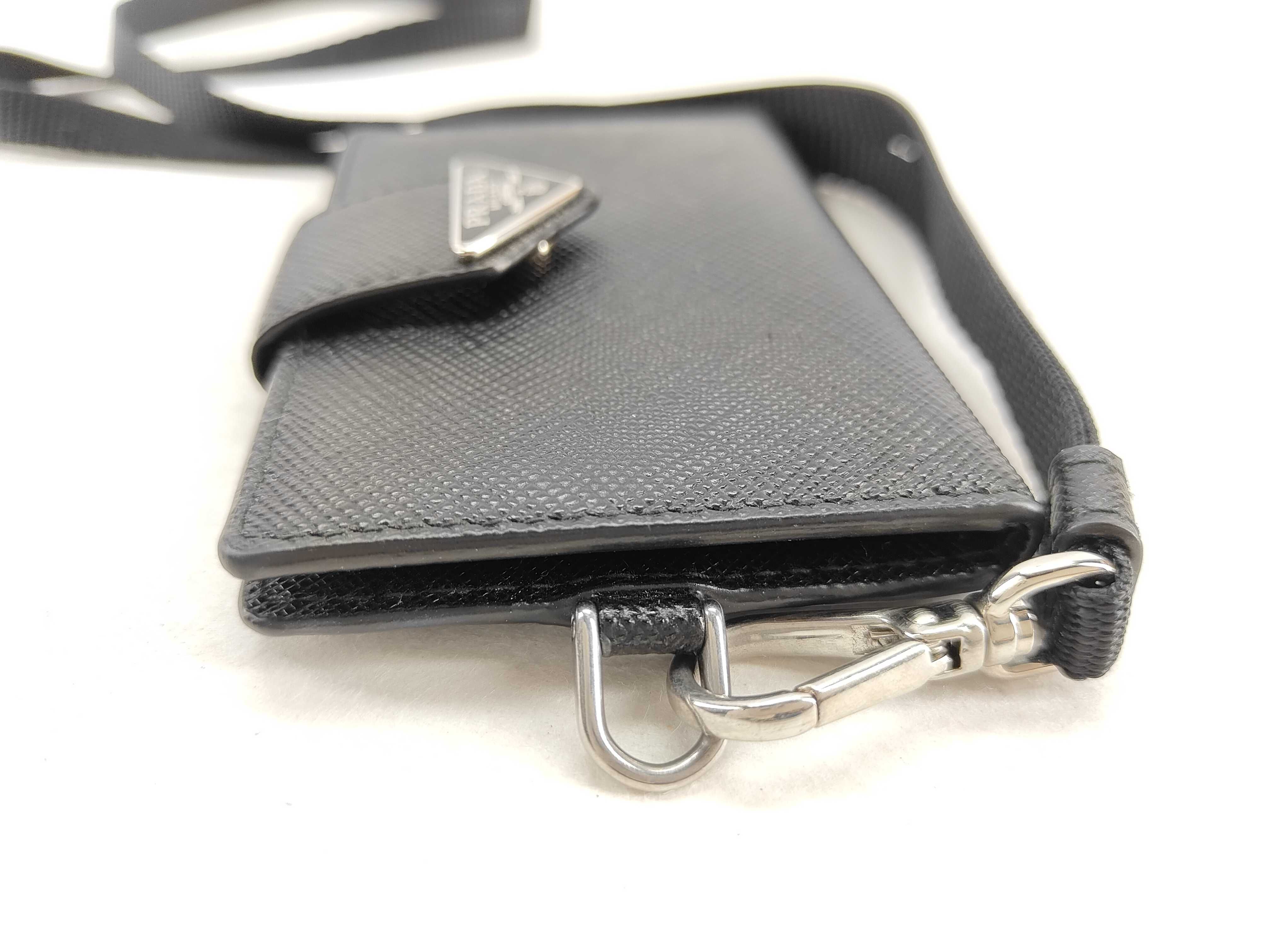 Saffiano Leather Triangle Logo Card Case, Black, with Neck Strap, ID Pass Case 2MC088, Card Holder, 30 Key Case/Keychain — view 8