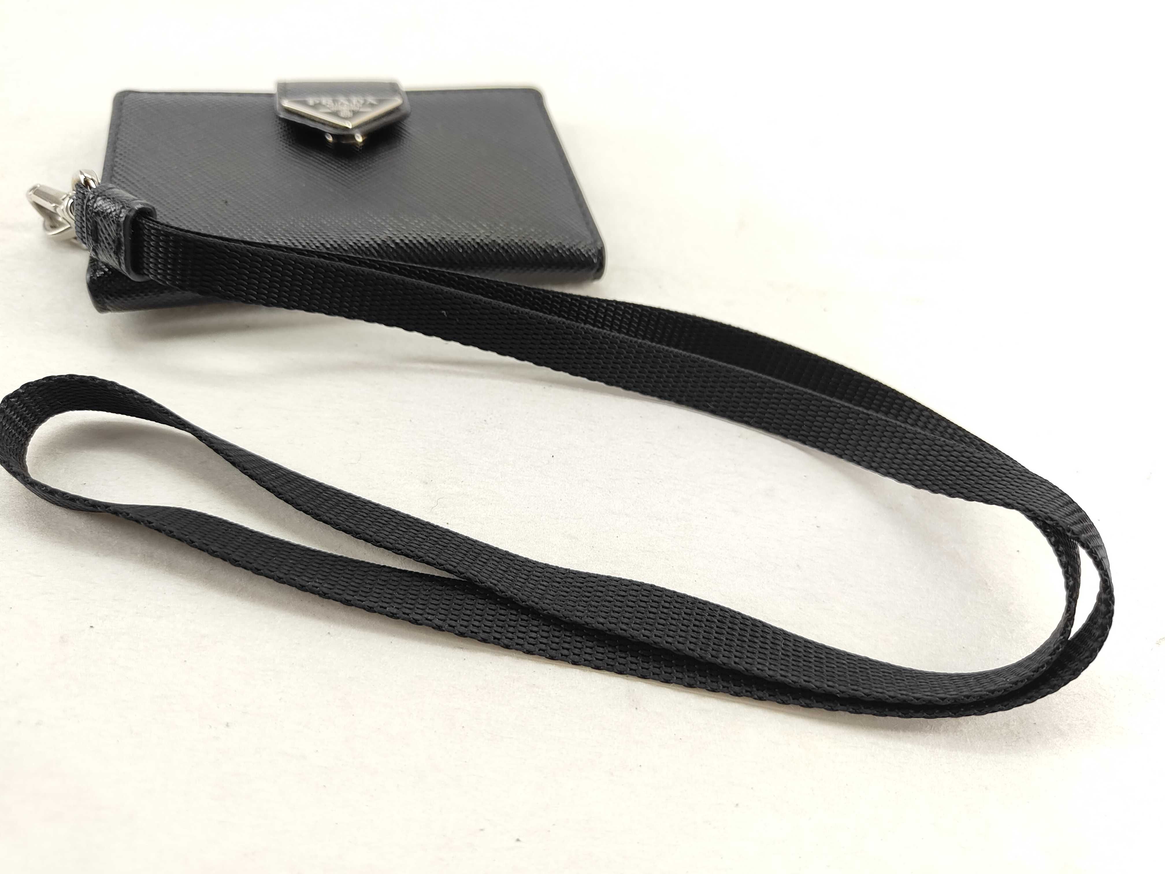 Saffiano Leather Triangle Logo Card Case, Black, with Neck Strap, ID Pass Case 2MC088, Card Holder, 30 Key Case/Keychain — view 9
