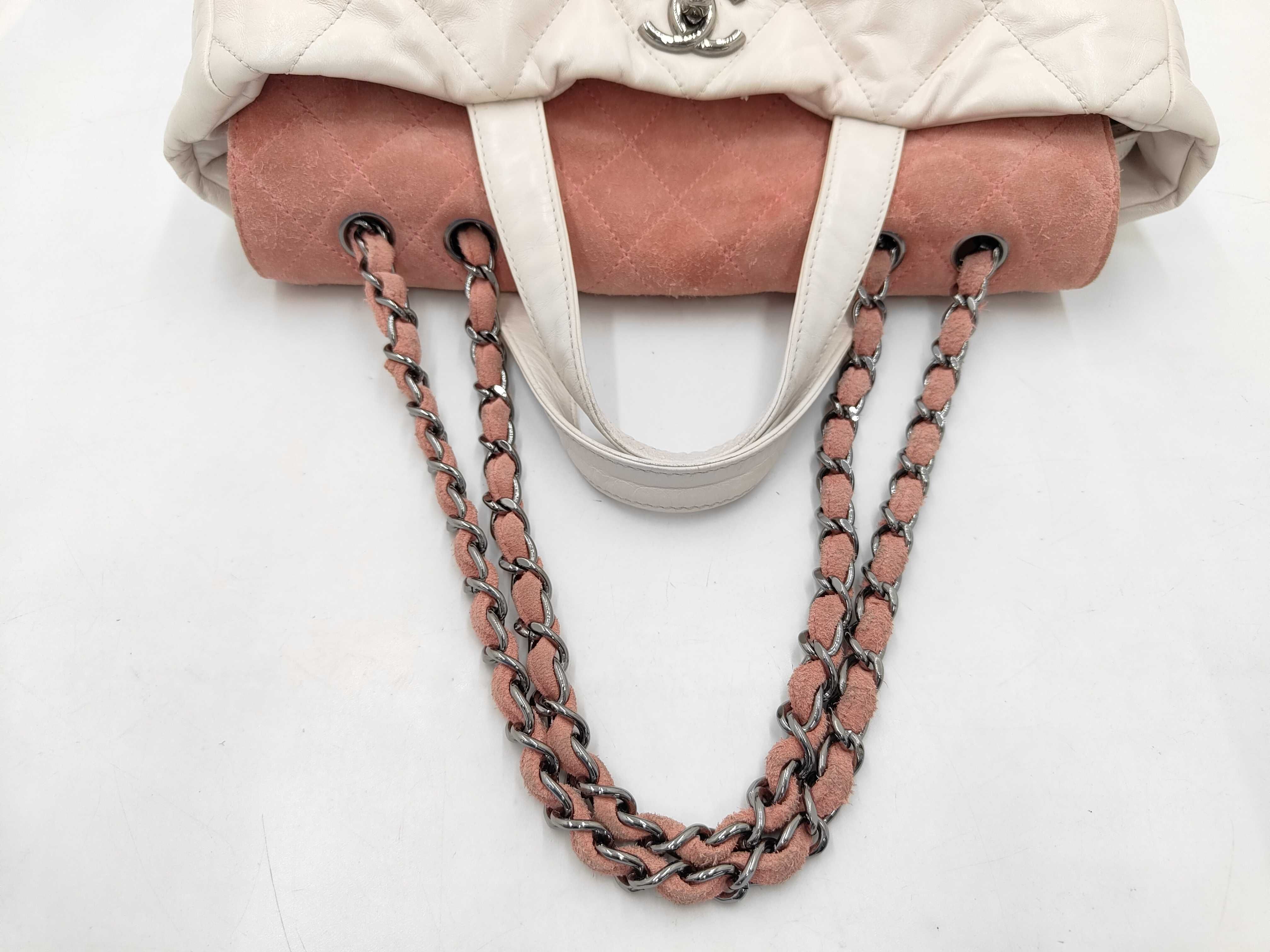 Matelassé Lambskin Suede 2-Way Shoulder Bag, White/Pink with Silver Hardware, Serial Number 12-series. — view 5