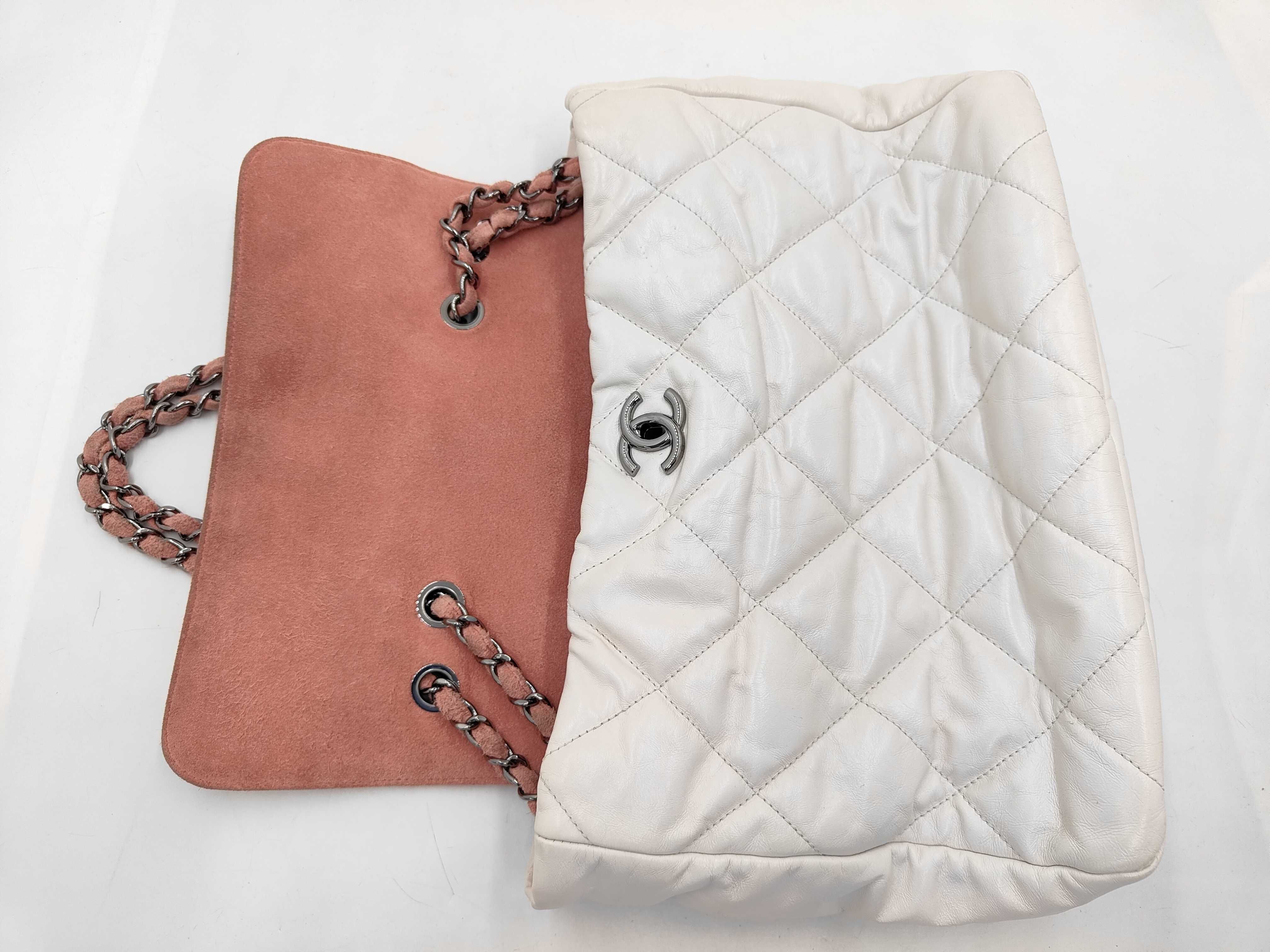 Matelassé Lambskin Suede 2-Way Shoulder Bag, White/Pink with Silver Hardware, Serial Number 12-series. — view 8