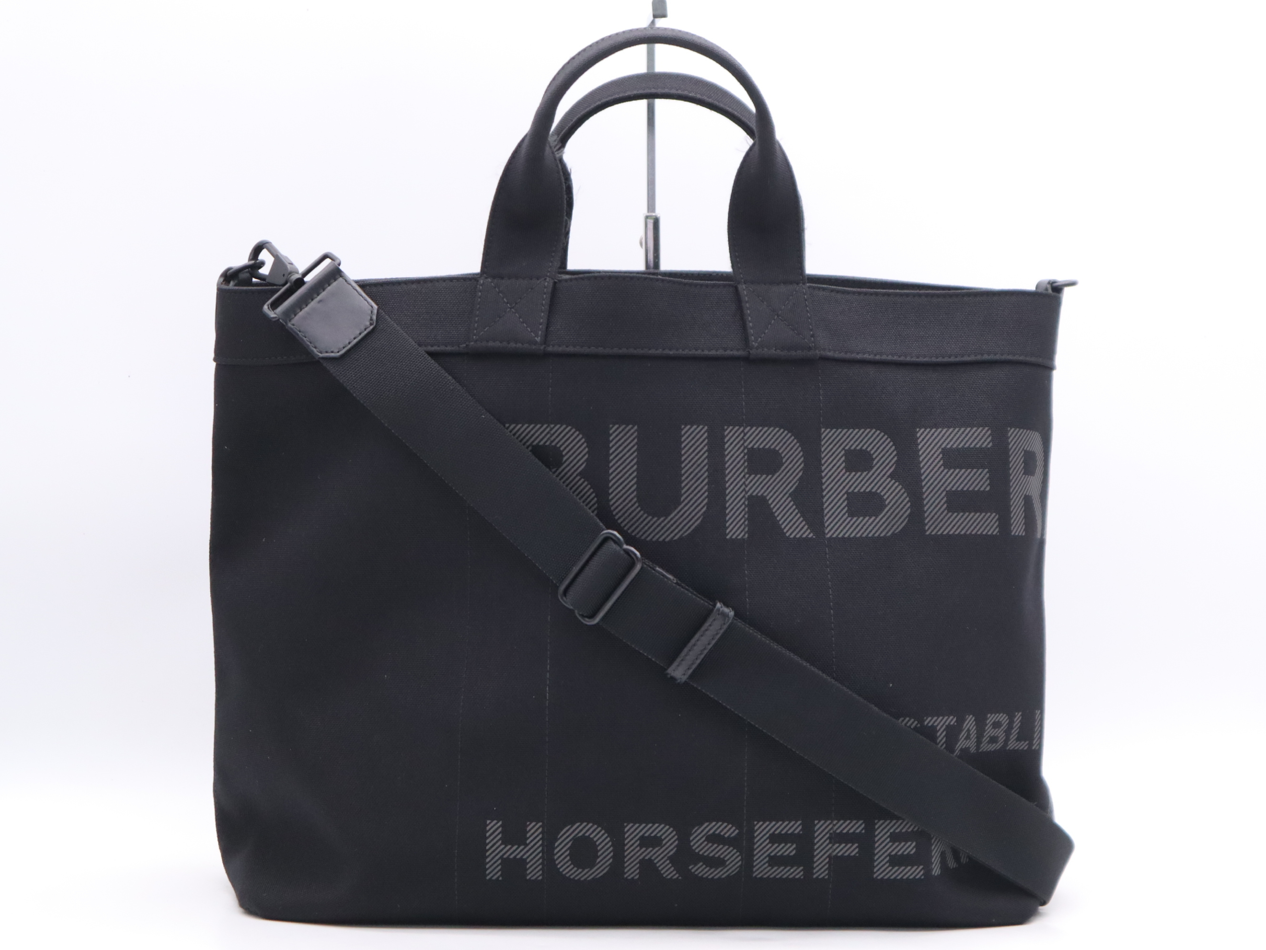 Canvas Horseferry 2-Way Tote Bag, Black, Silver Hardware, with Shoulder Strap.