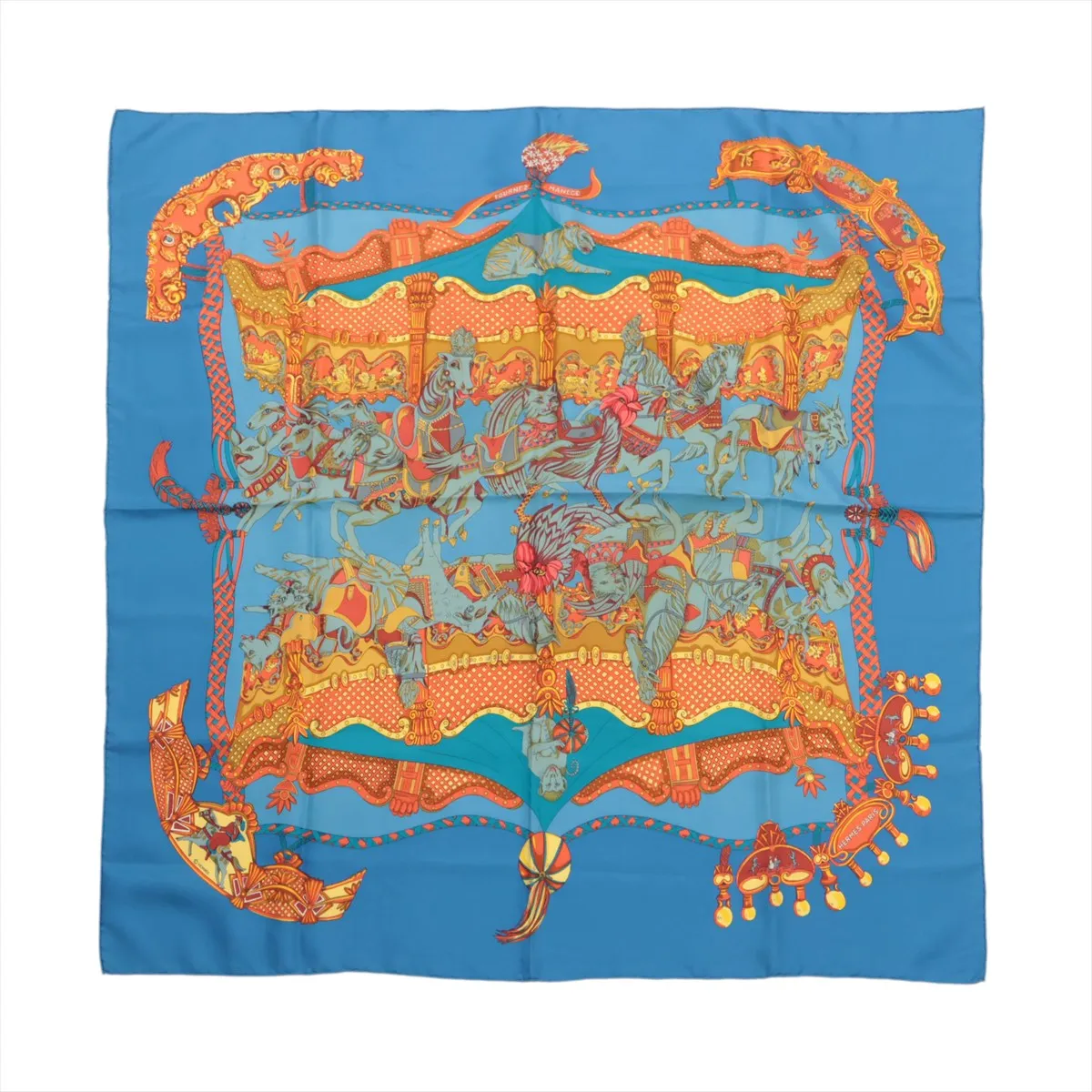 Carre 90 TOURNEZ MANEGE Merry-go-round scarf, silk, blue. Shows signs of wear,