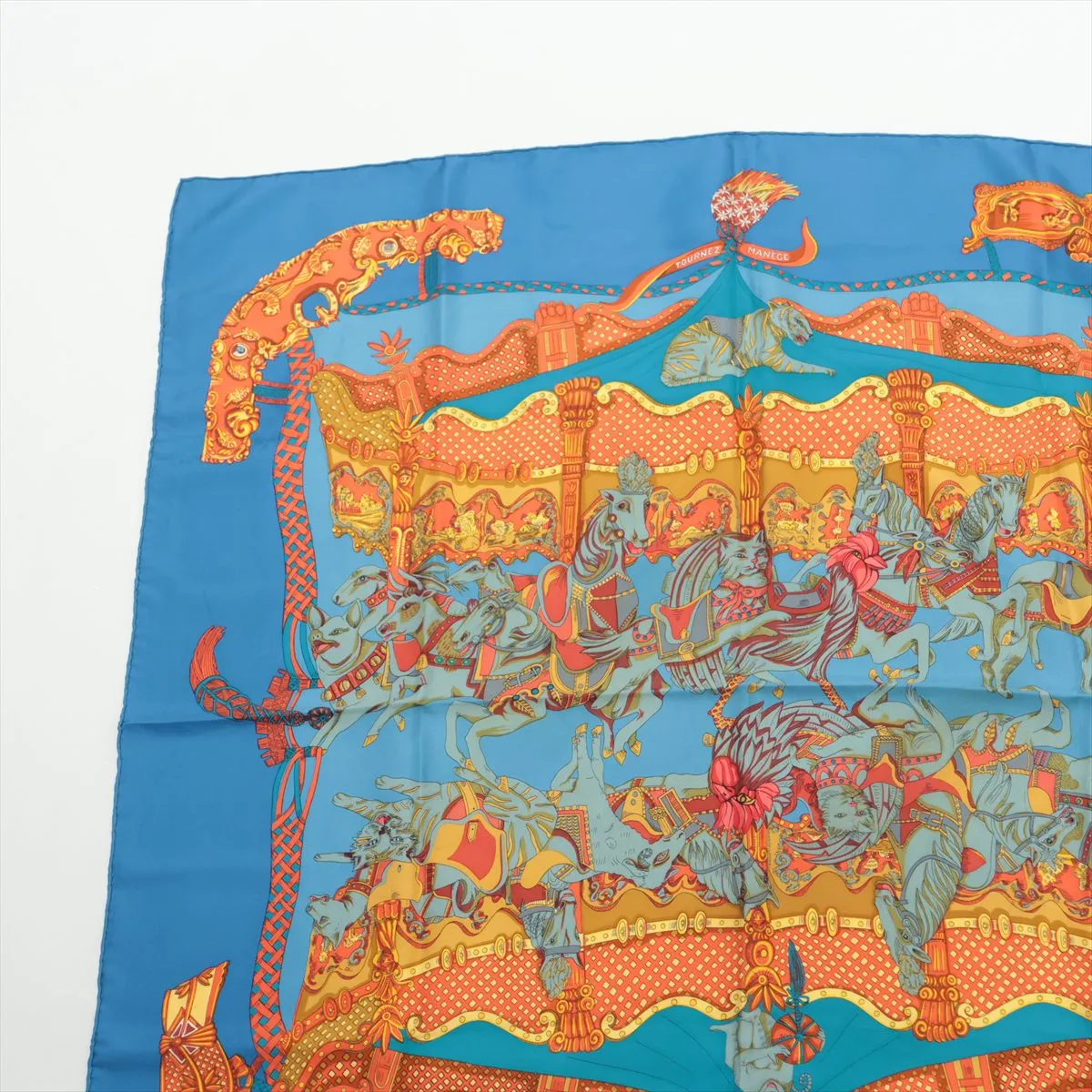 Carre 90 TOURNEZ MANEGE Merry-go-round scarf, silk, blue. Shows signs of wear, — view 2