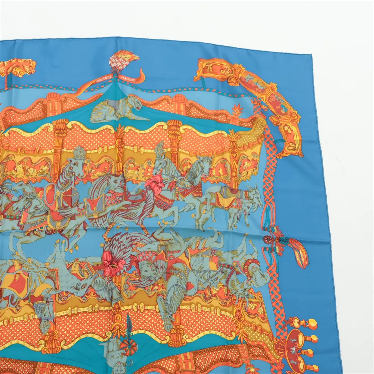 Carre 90 TOURNEZ MANEGE Merry-go-round scarf, silk, blue. Shows signs of wear, — view 3