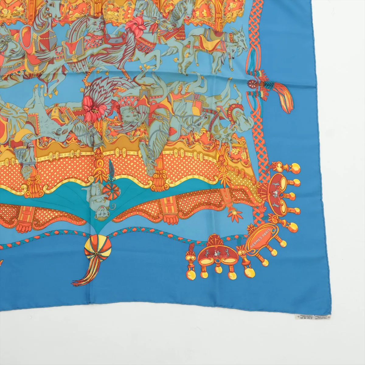 Carre 90 TOURNEZ MANEGE Merry-go-round scarf, silk, blue. Shows signs of wear, — view 4
