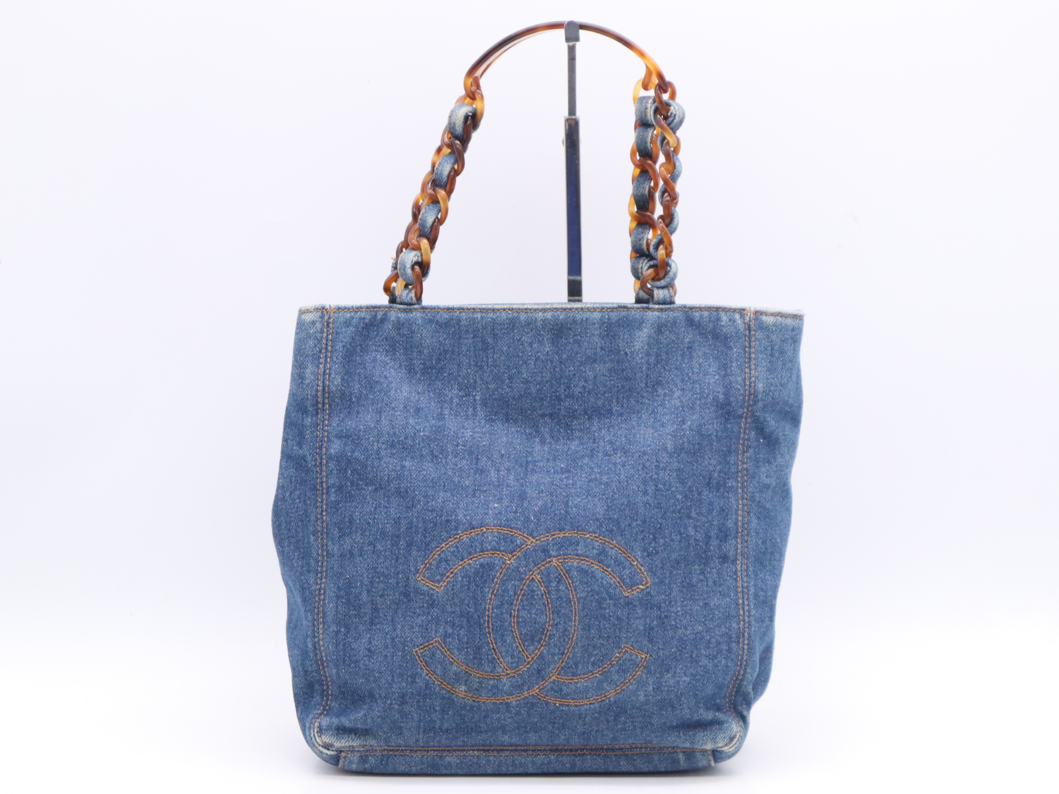 Denim Coco Mark Tote Bag, Blue, Gold Hardware, with Sticker.