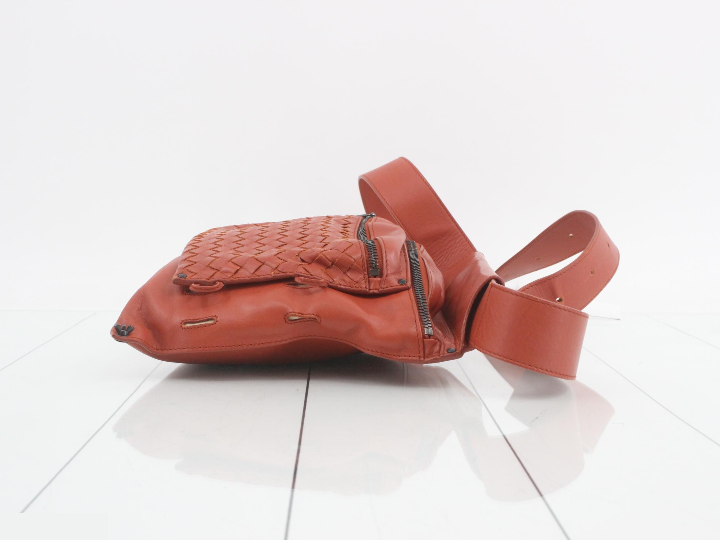 Intrecciato Leather Body Bag/Waist Bag, Orange — view 3
