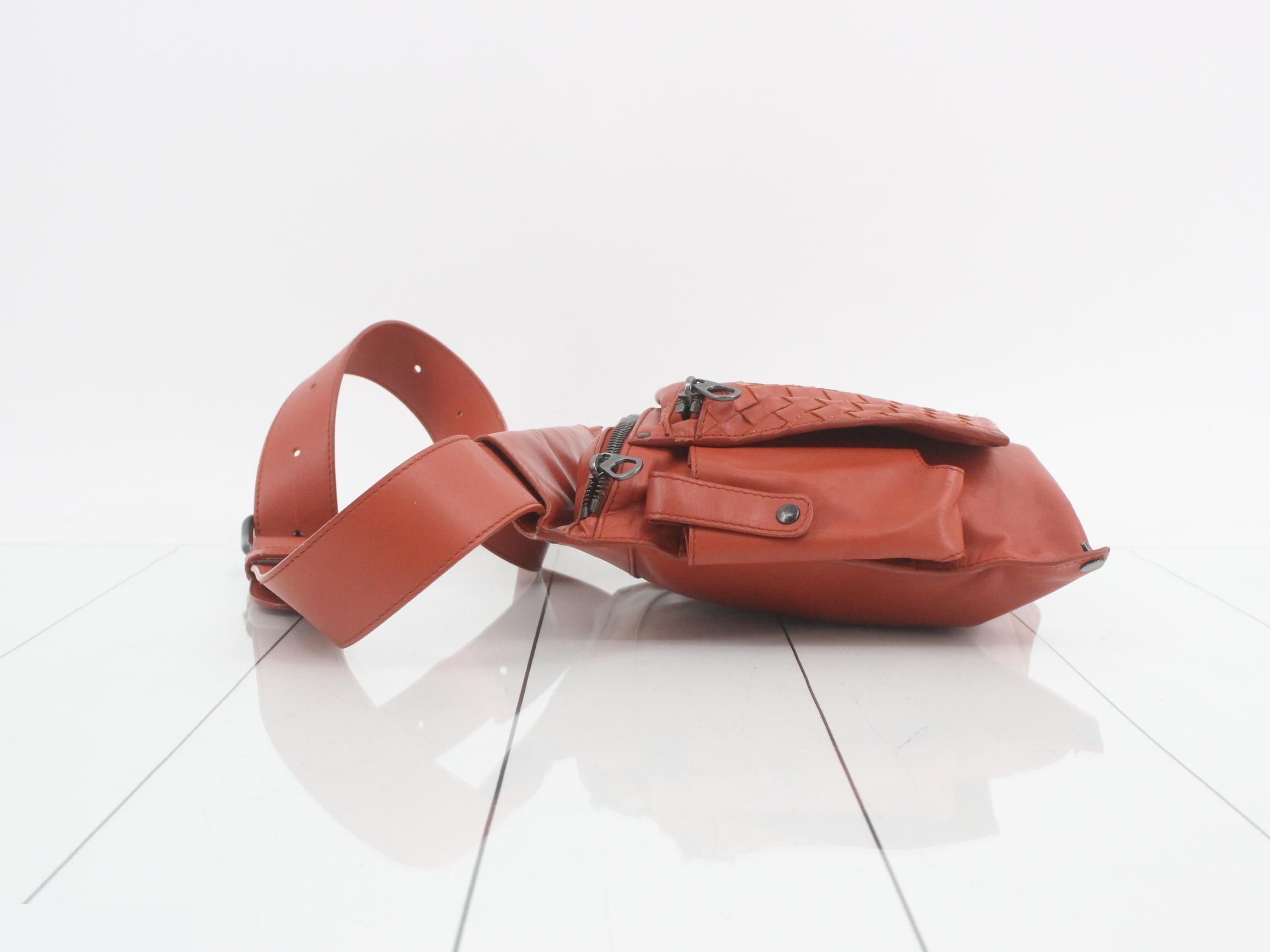 Intrecciato Leather Body Bag/Waist Bag, Orange — view 4