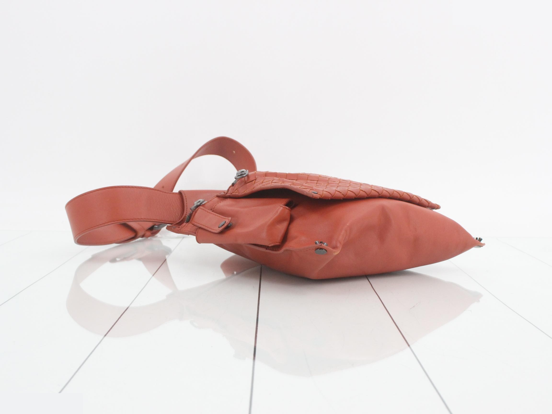 Intrecciato Leather Body Bag/Waist Bag, Orange — view 5