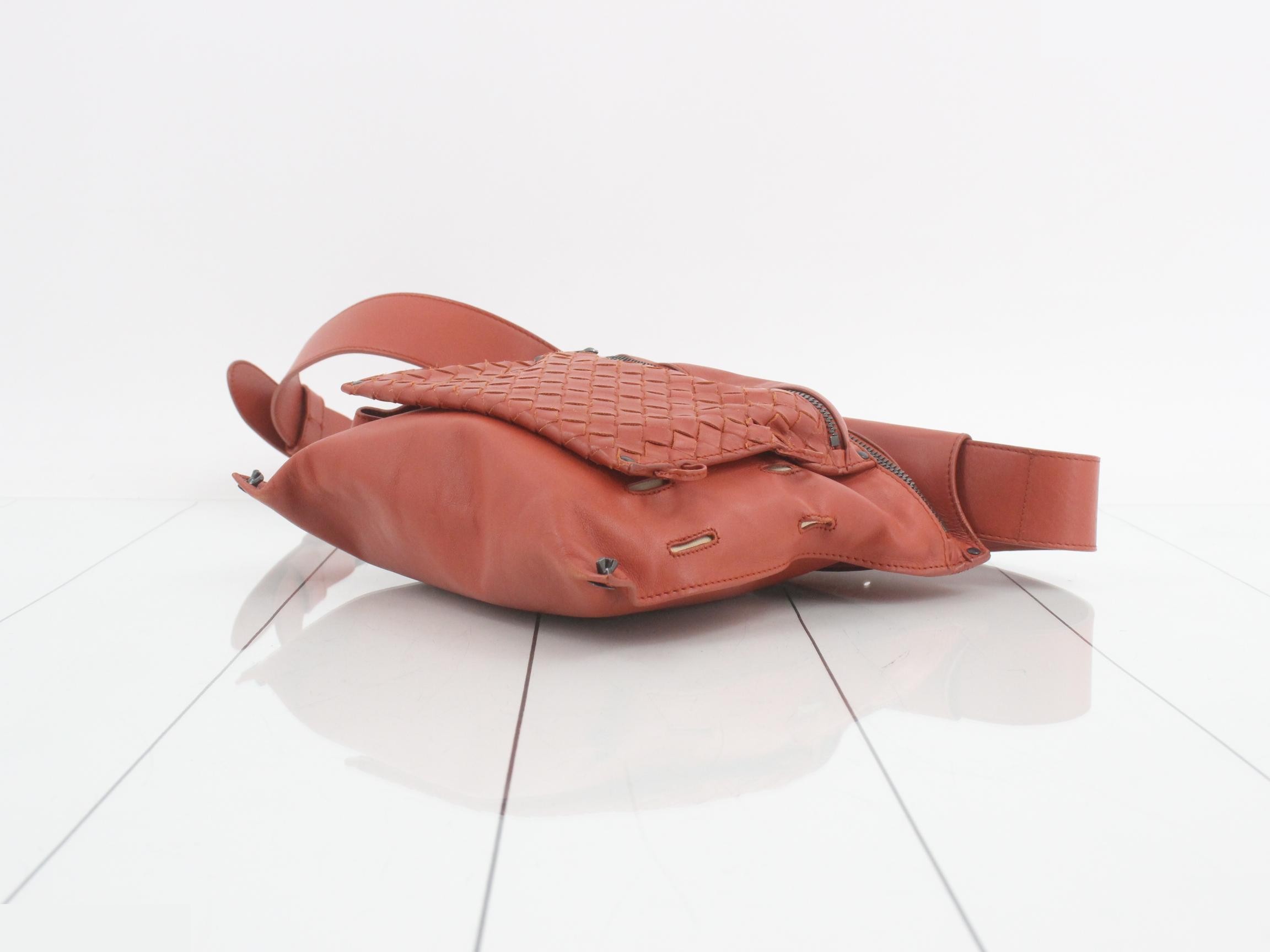 Intrecciato Leather Body Bag/Waist Bag, Orange — view 6