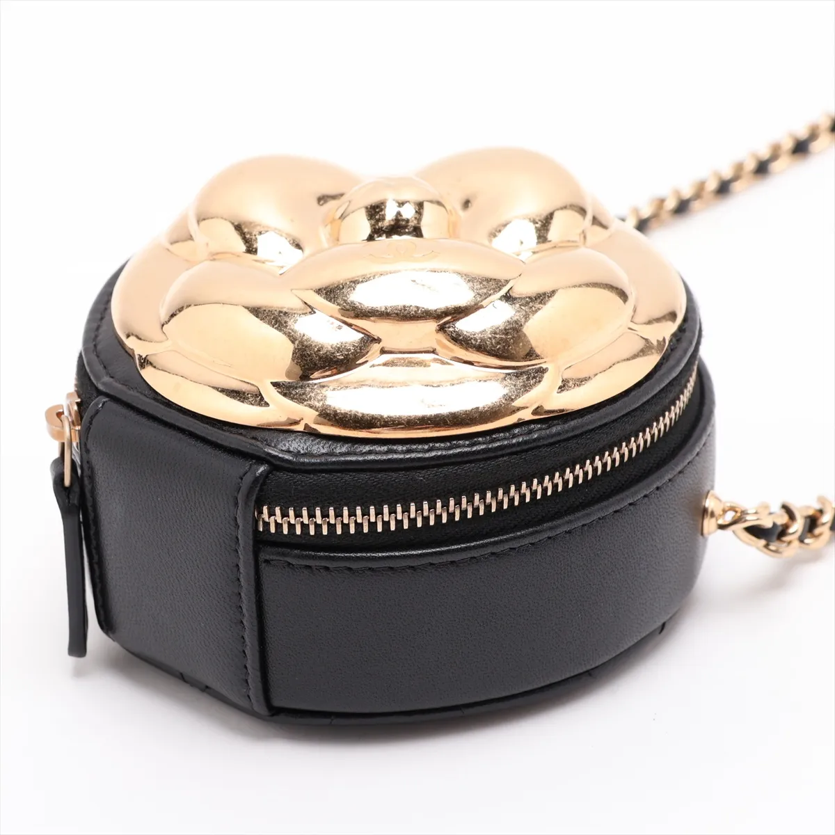 Camellia Lambskin Chain Shoulder Bag, Matelassé, Black with Gold Hardware, C4HLH8G8, Random Plate — view 3