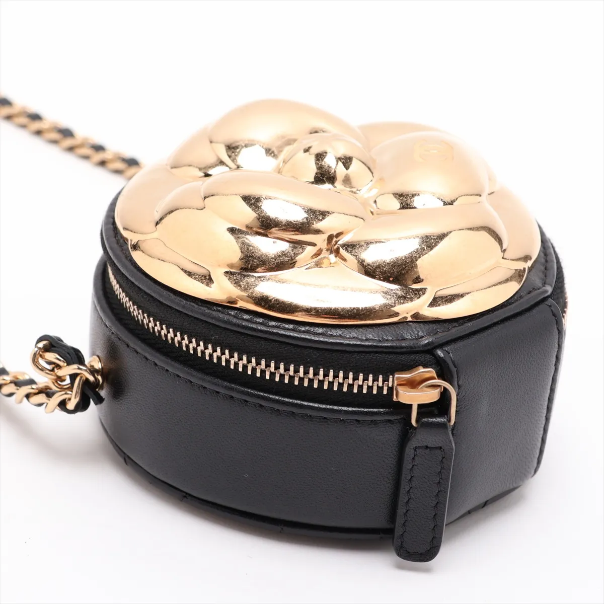 Camellia Lambskin Chain Shoulder Bag, Matelassé, Black with Gold Hardware, C4HLH8G8, Random Plate — view 4