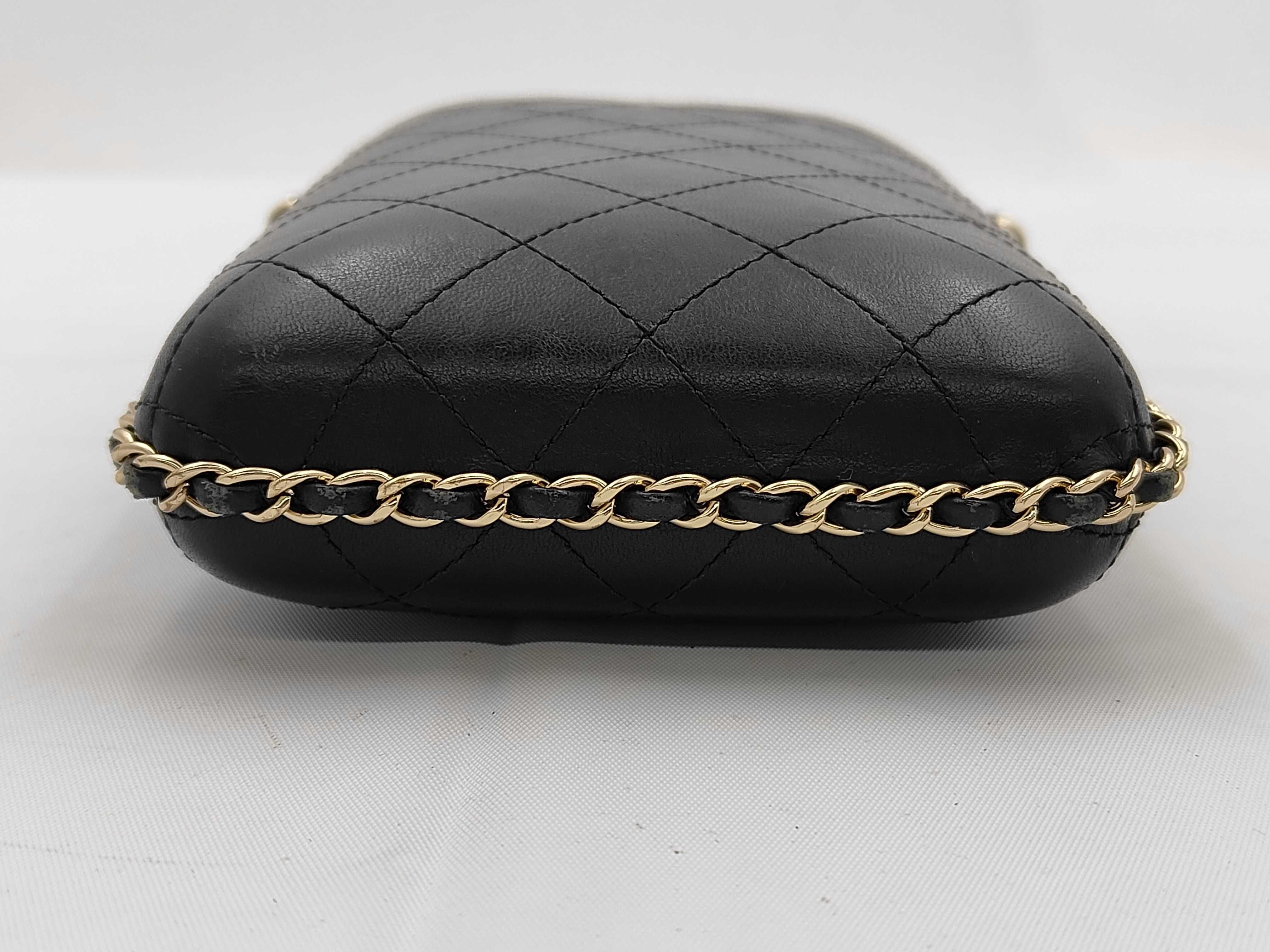 Matelassé Chain Phone Holder, Leather, Black with Gold Hardware, 29674407 Shoulder Bag — view 7
