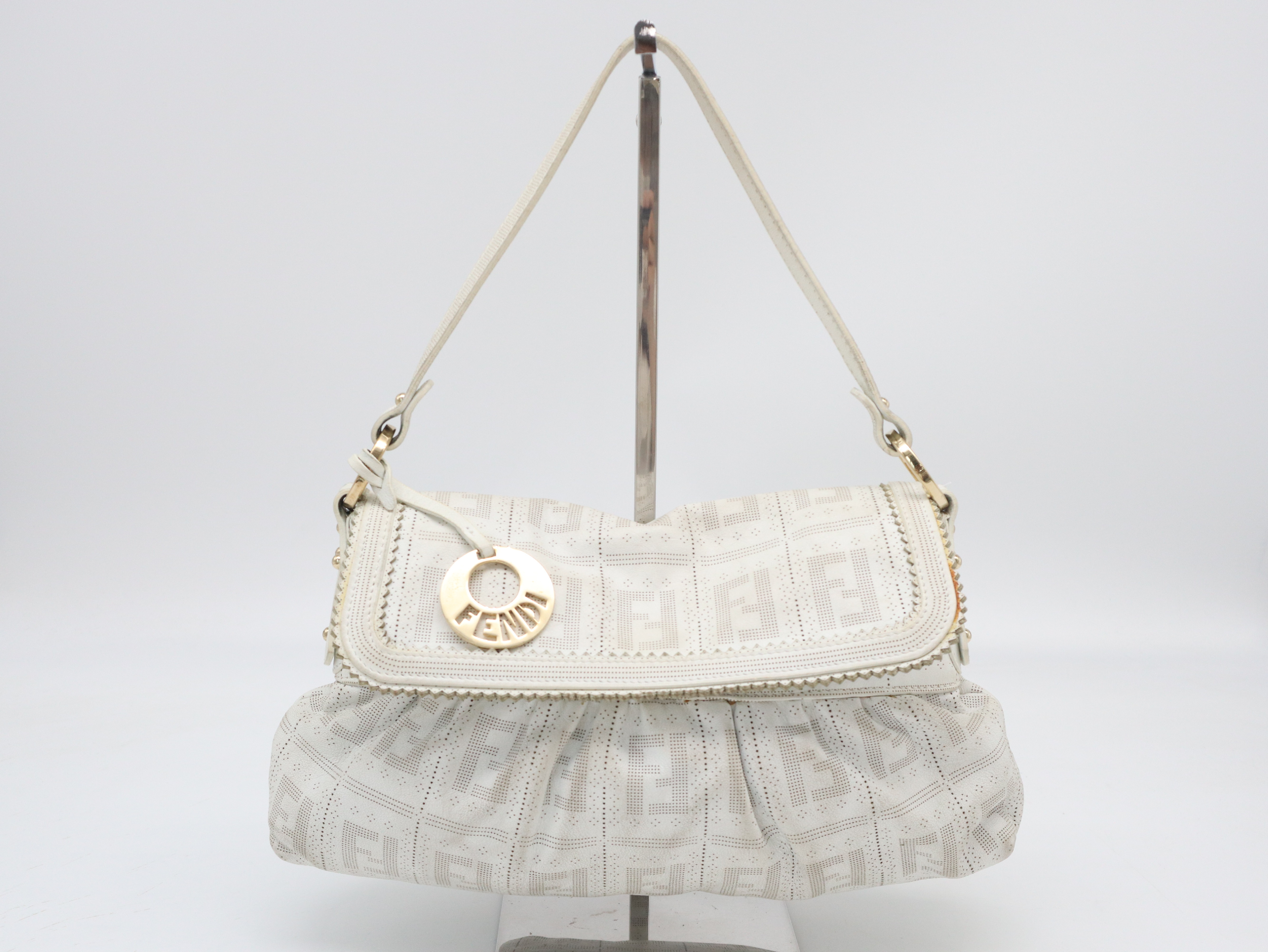 8BR445 Leather Zucca Pattern Shoulder Bag White Shoulder Bag