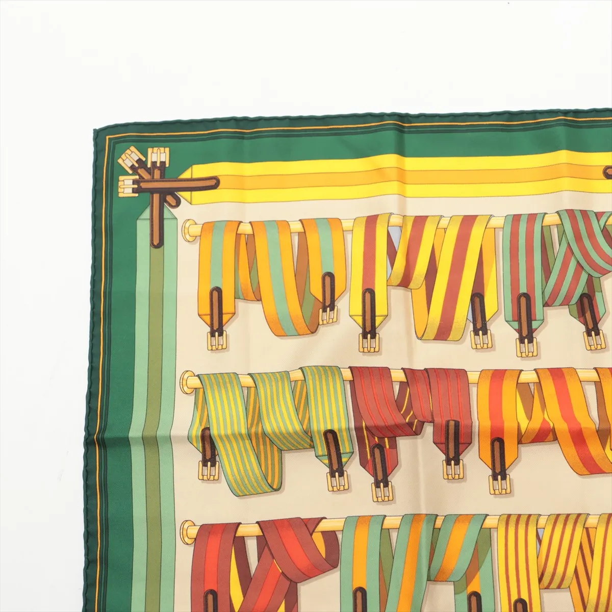 Carre 45 Les Sangles suspender belt scarf, silk, green. Shows signs of wear, — view 2