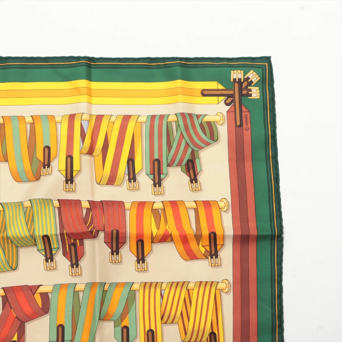 Carre 45 Les Sangles suspender belt scarf, silk, green. Shows signs of wear, — view 3