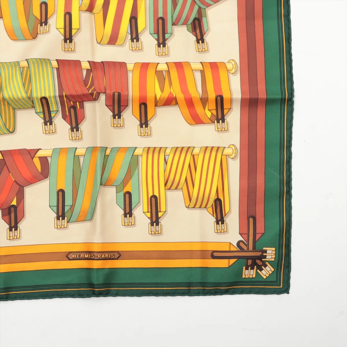 Carre 45 Les Sangles suspender belt scarf, silk, green. Shows signs of wear, — view 4