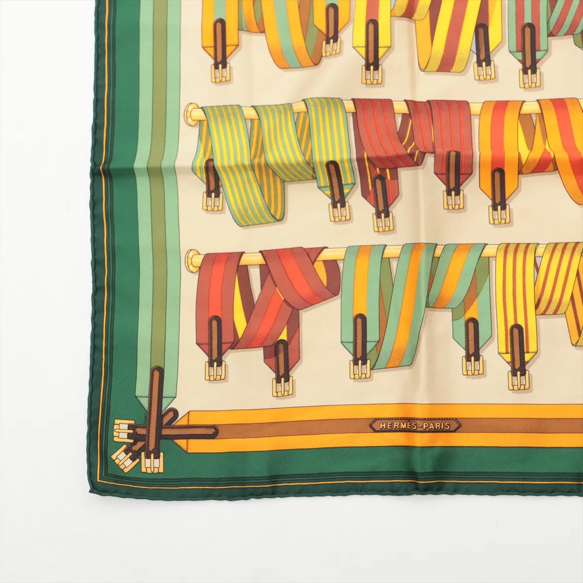 Carre 45 Les Sangles suspender belt scarf, silk, green. Shows signs of wear, — view 5