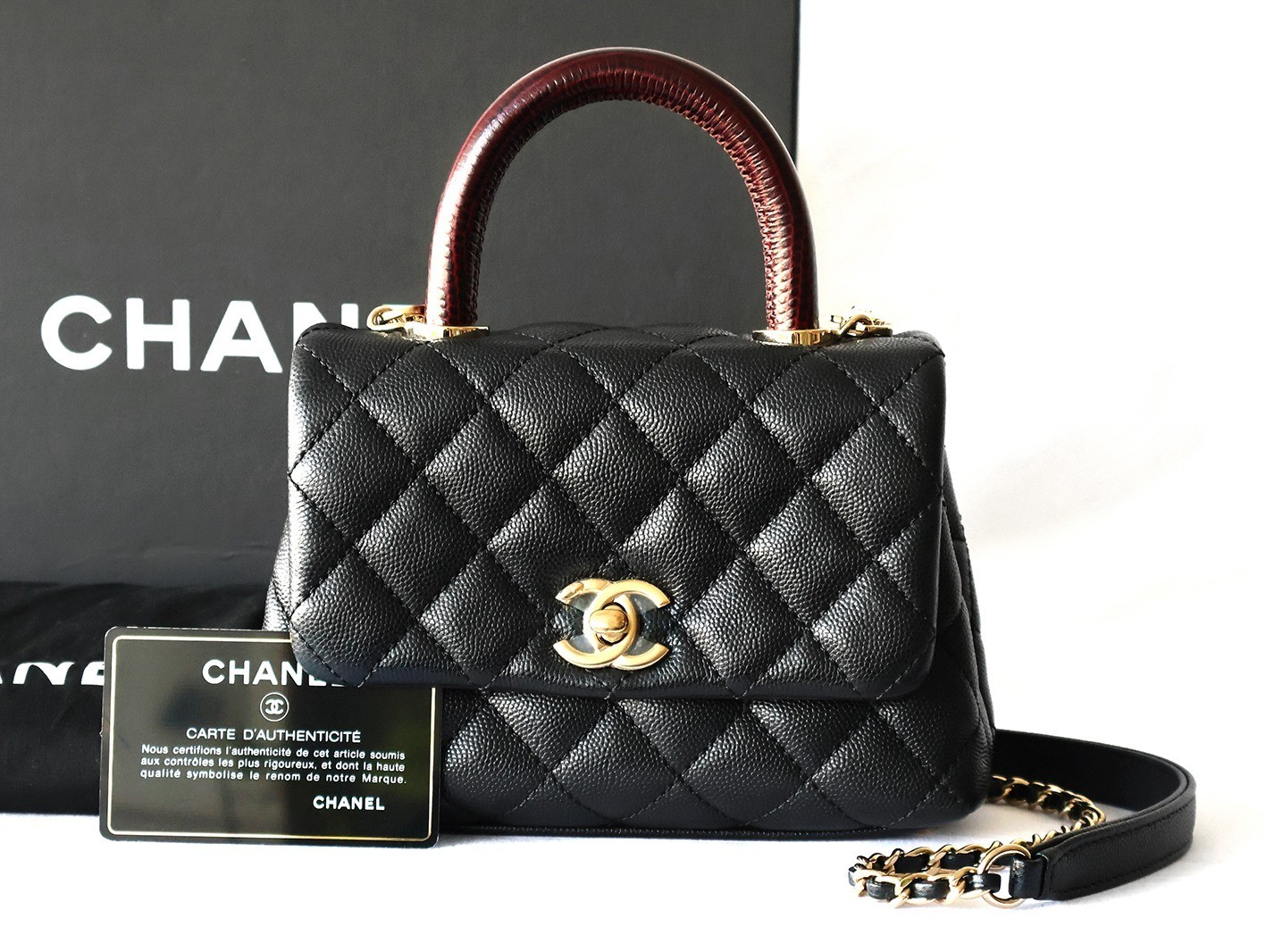 Caviar Skin Coco Handle 2-Way Chain Shoulder Bag, Black