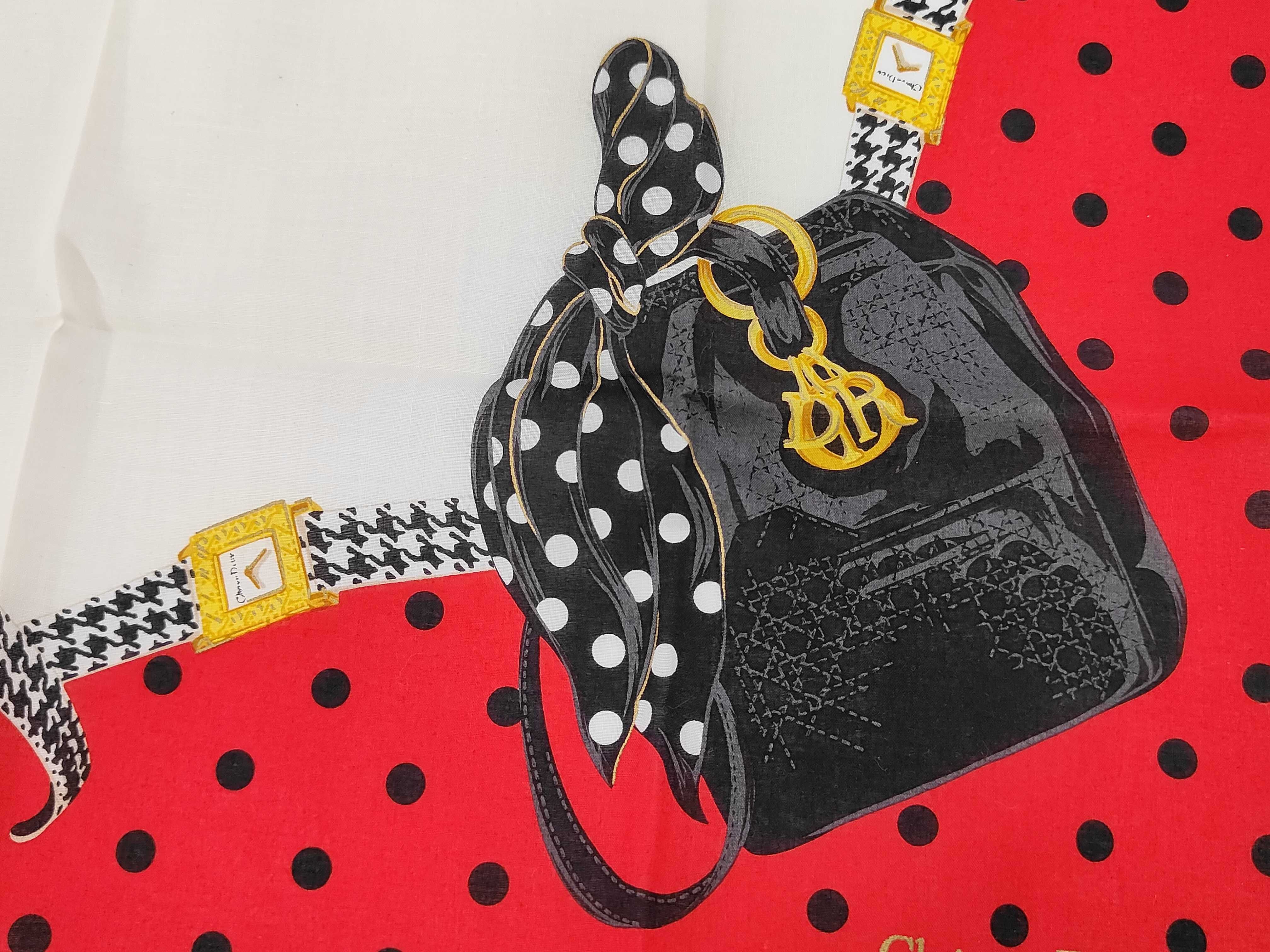 handkerchief scarf with CD logo, bag motif, houndstooth pattern, watch, polka dots, and other accessories. — view 4