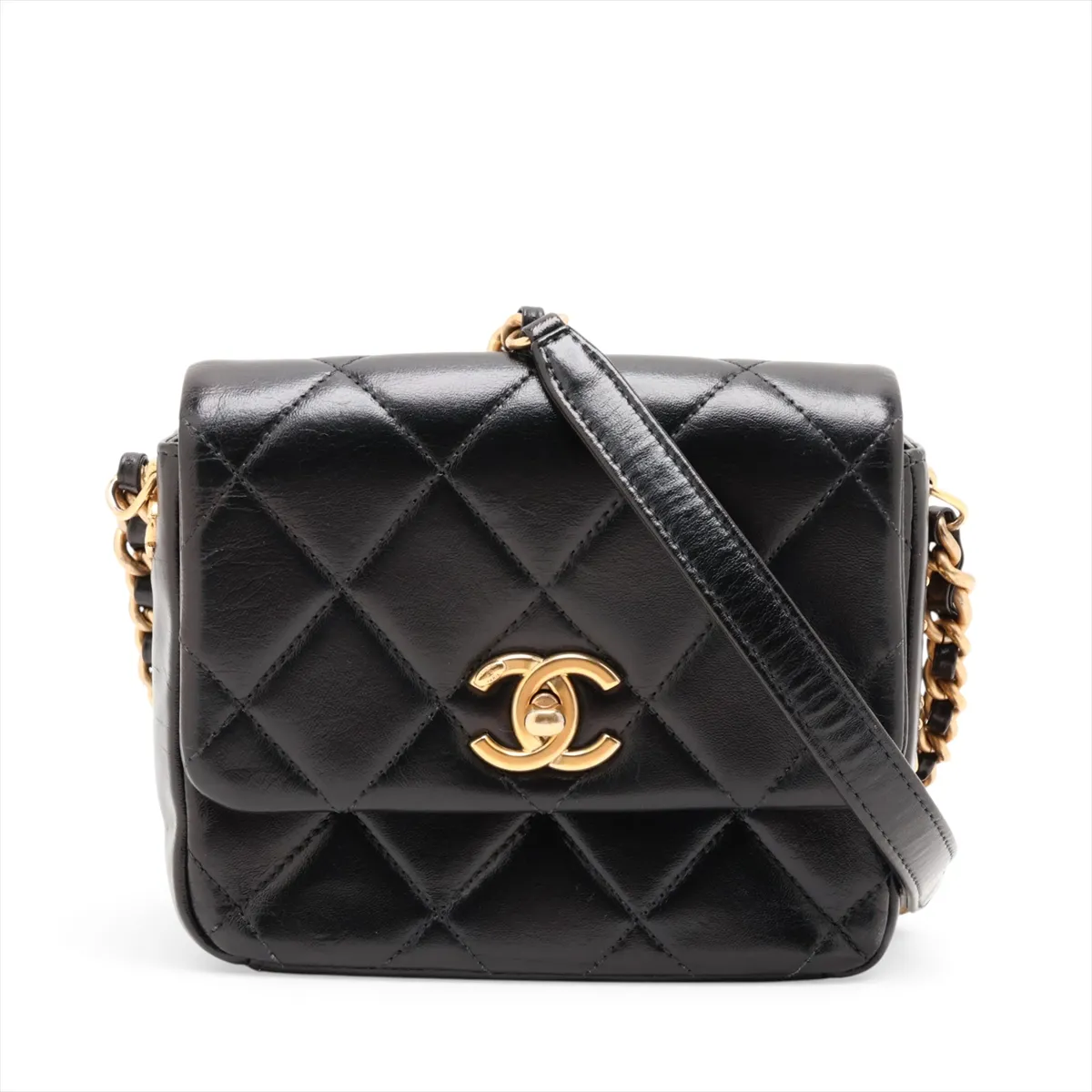 Mini Matelassé Leather Chain Shoulder Bag, Black with Gold Hardware, GJ126H4A, Random Plate