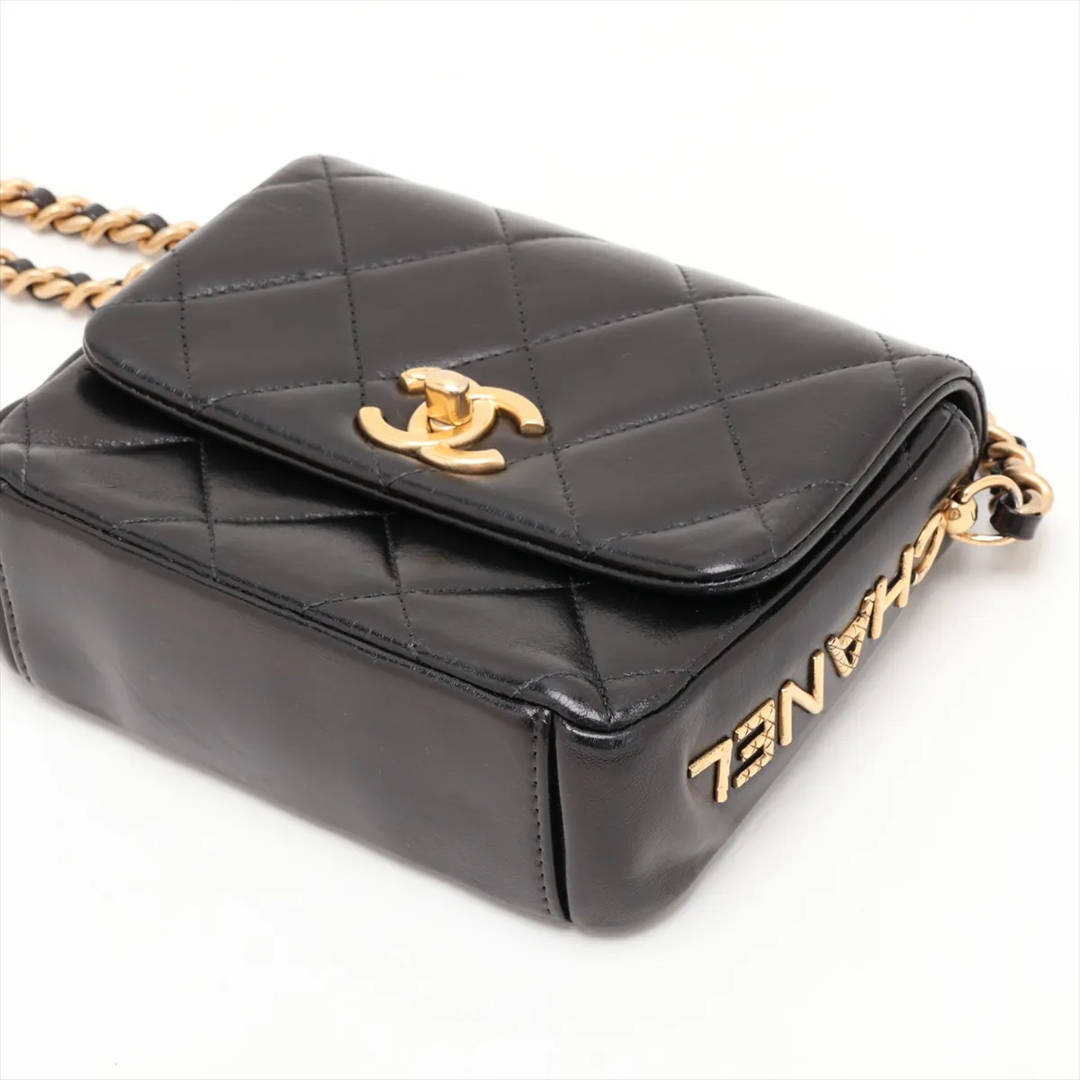 Mini Matelassé Leather Chain Shoulder Bag, Black with Gold Hardware, GJ126H4A, Random Plate — view 3