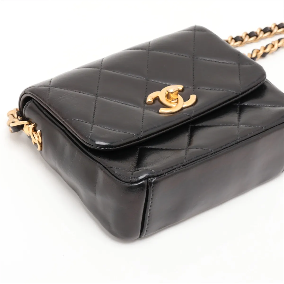 Mini Matelassé Leather Chain Shoulder Bag, Black with Gold Hardware, GJ126H4A, Random Plate — view 4