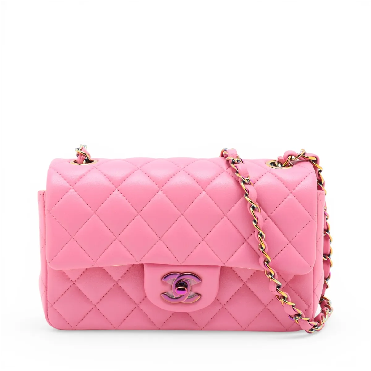 Mini Matelassé 20 Lambskin Single Flap Single Chain Bag, Pink with Rainbow Hardware, 31148394, Serial Number 31-series, A69900
