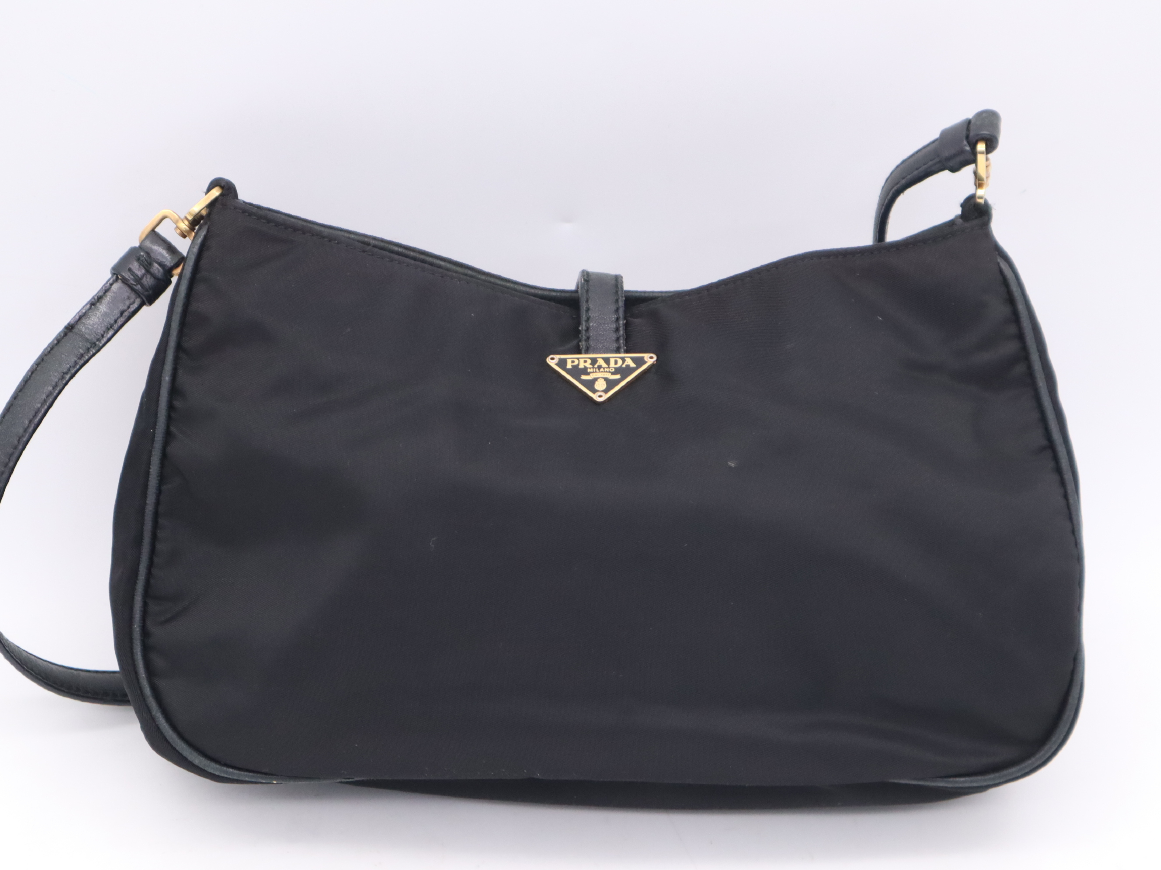 Nylon Triangle Logo One-Shoulder Bag, Black with Gold Hardware — view 2