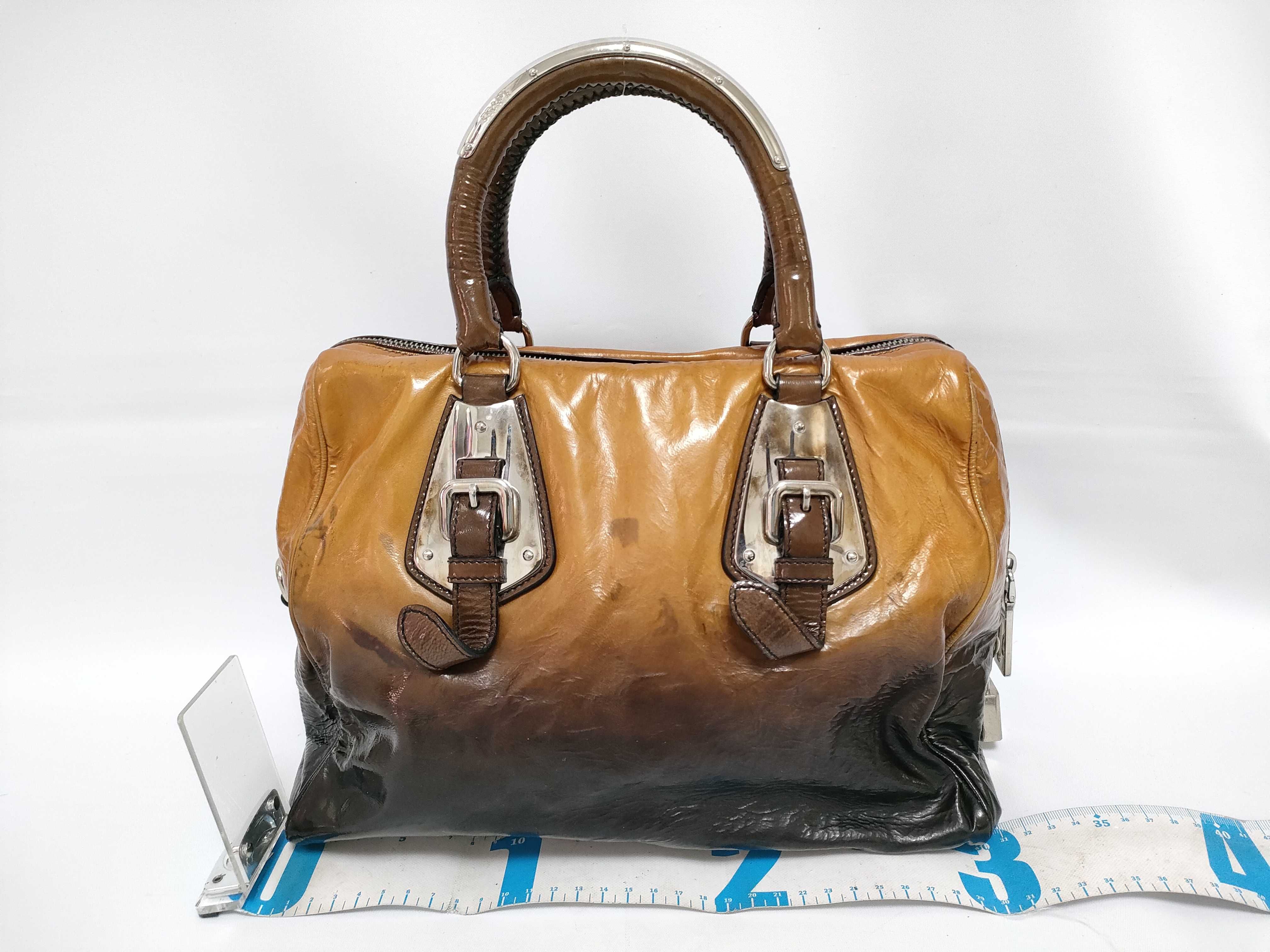 Mini Boston Bag, Brown Leather Enamel Handbag — view 2
