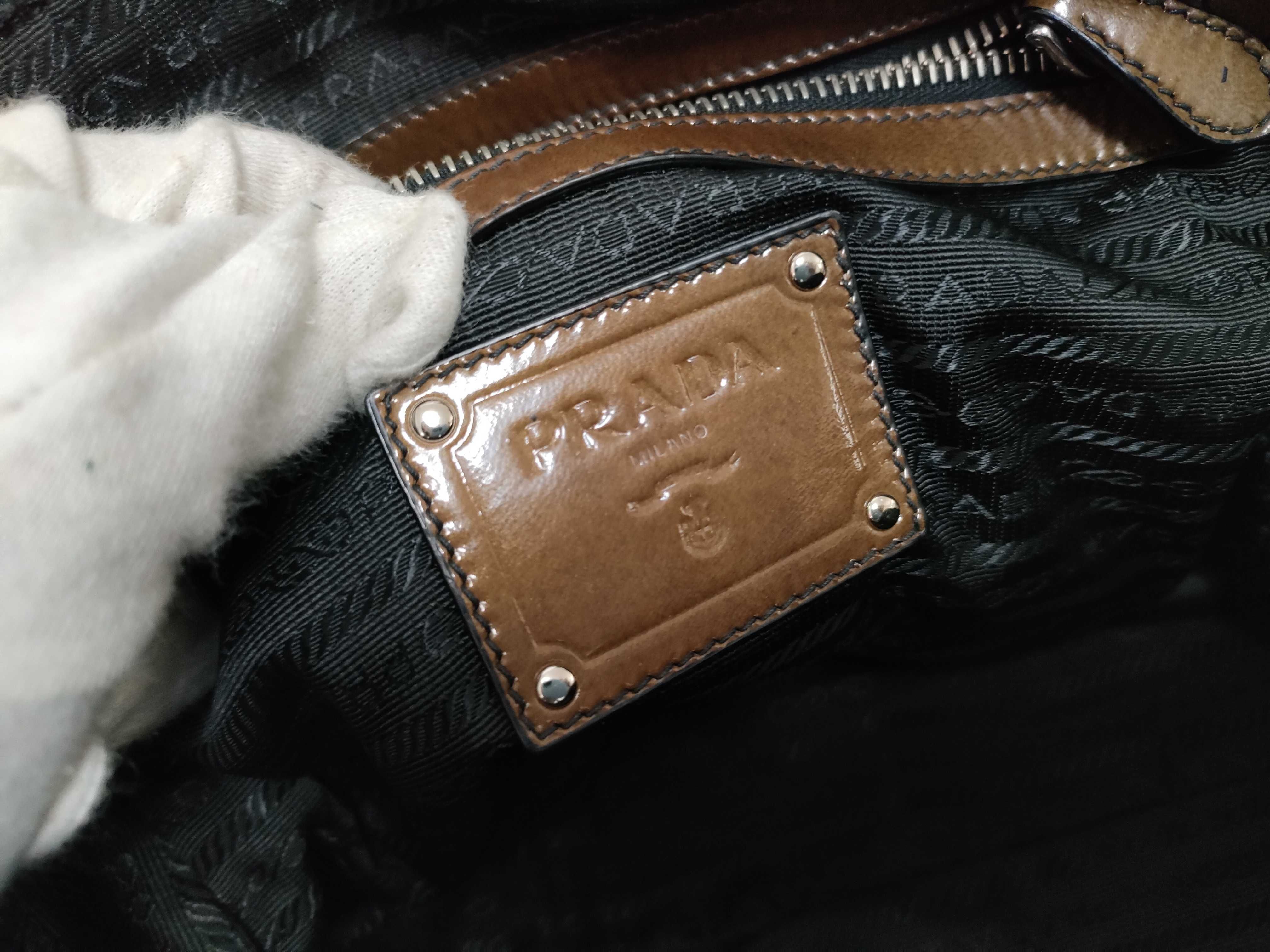 Mini Boston Bag, Brown Leather Enamel Handbag — view 11
