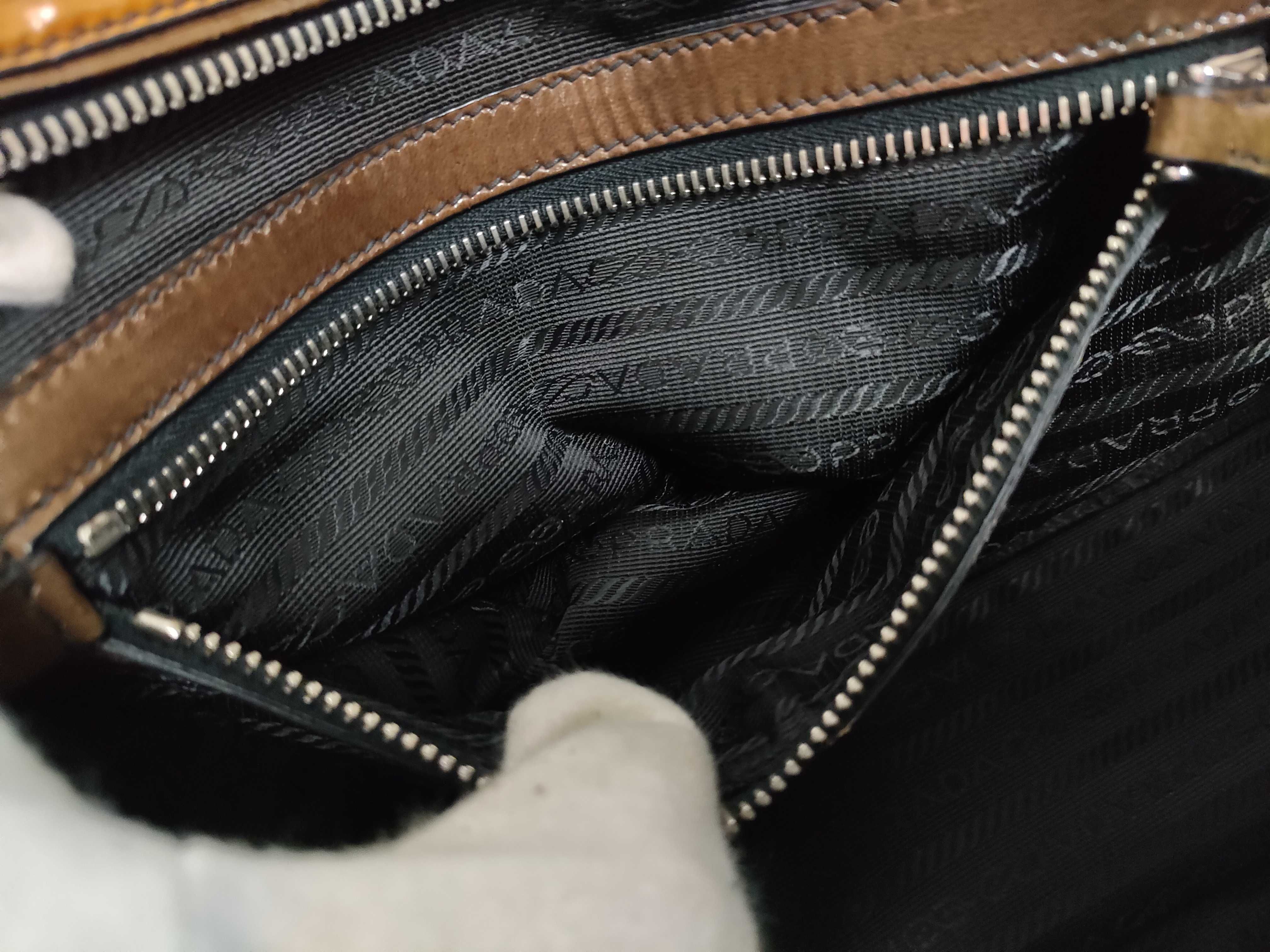 Mini Boston Bag, Brown Leather Enamel Handbag — view 12