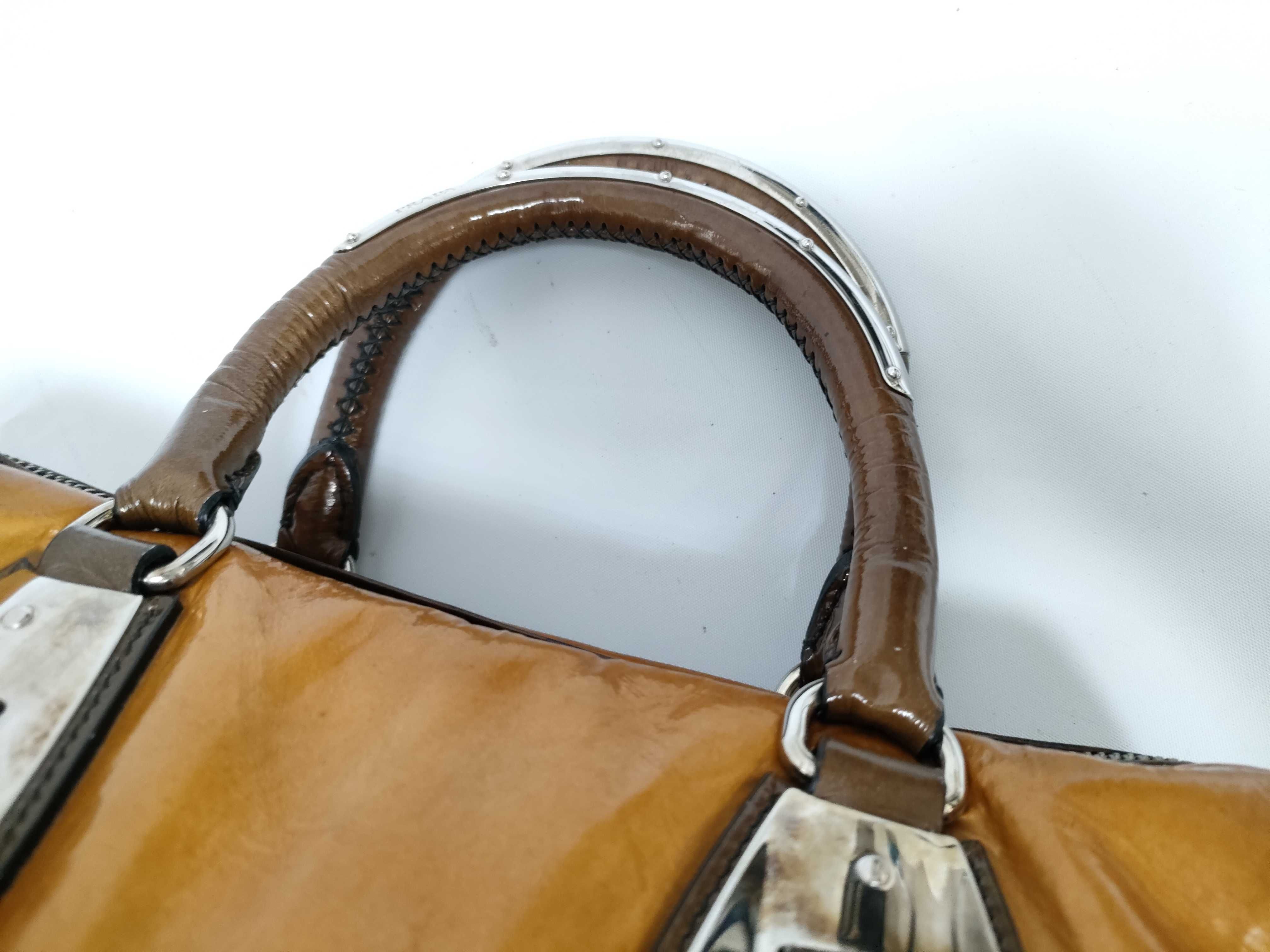 Mini Boston Bag, Brown Leather Enamel Handbag — view 5