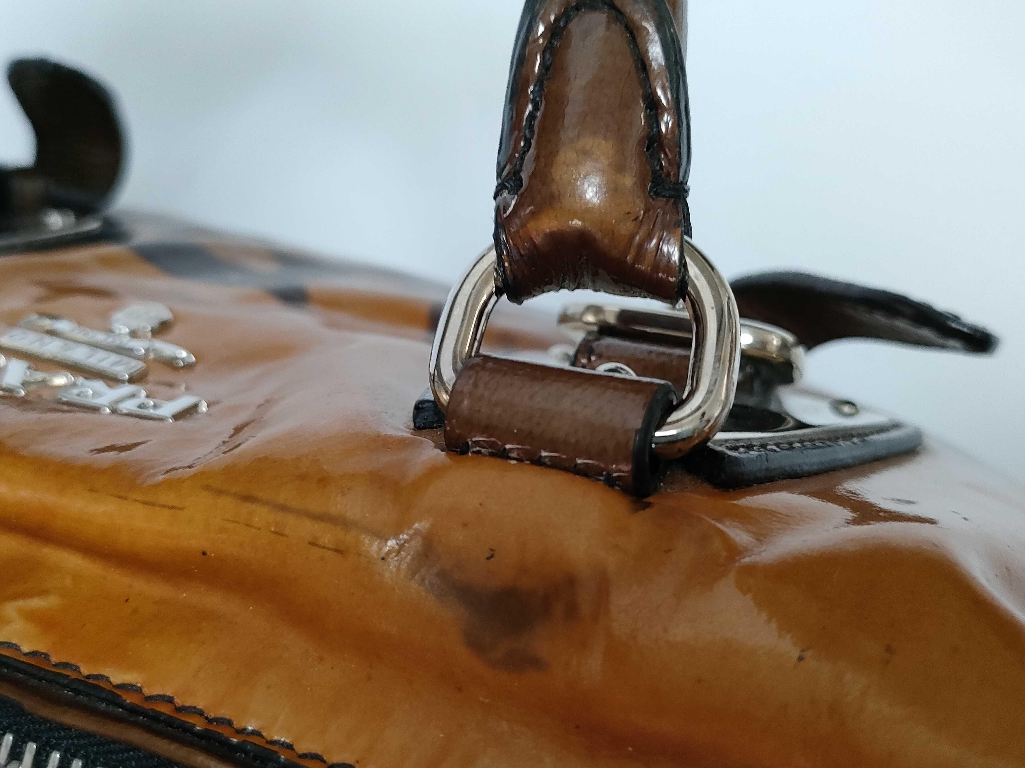 Mini Boston Bag, Brown Leather Enamel Handbag — view 7