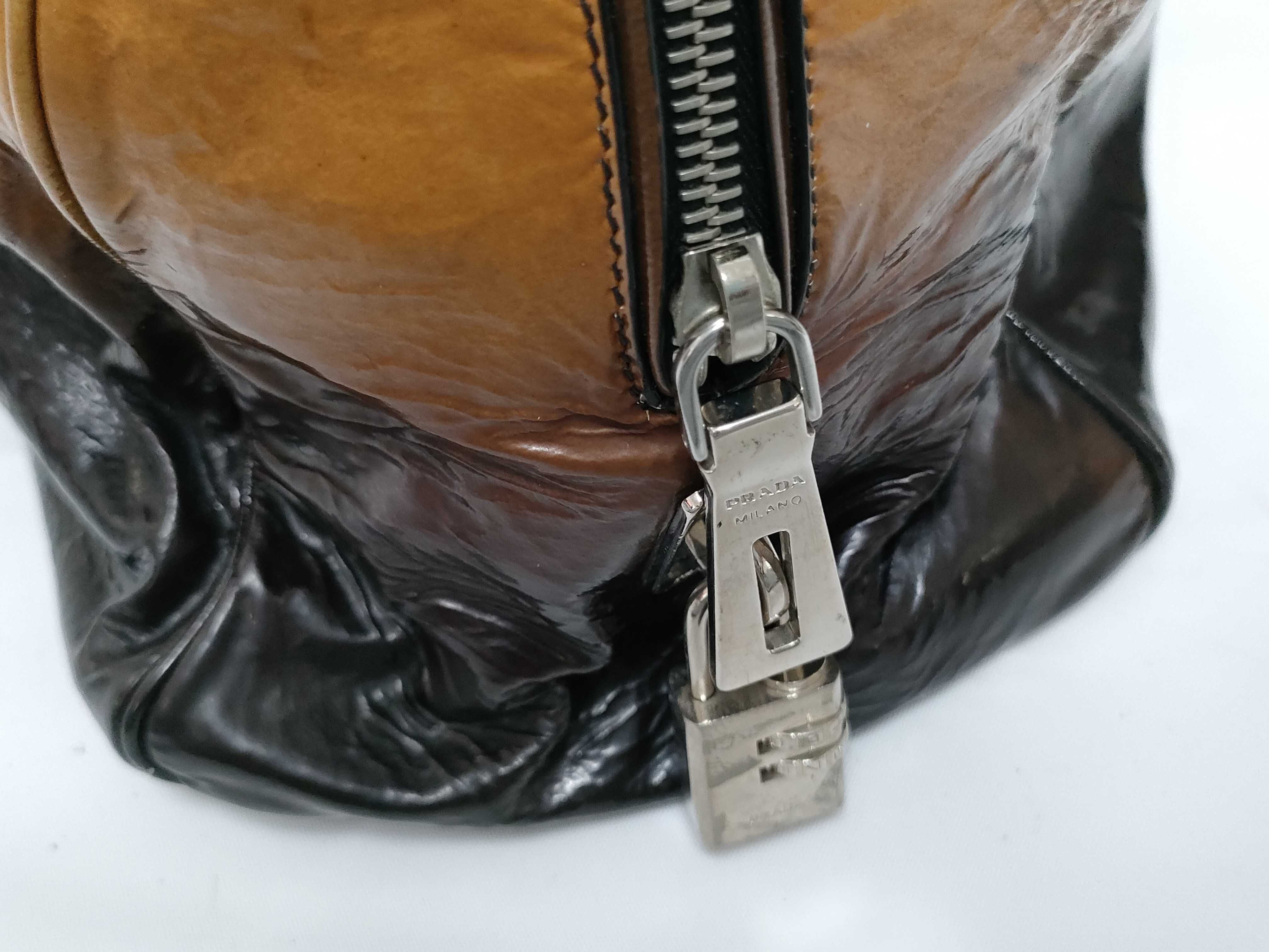 Mini Boston Bag, Brown Leather Enamel Handbag — view 8