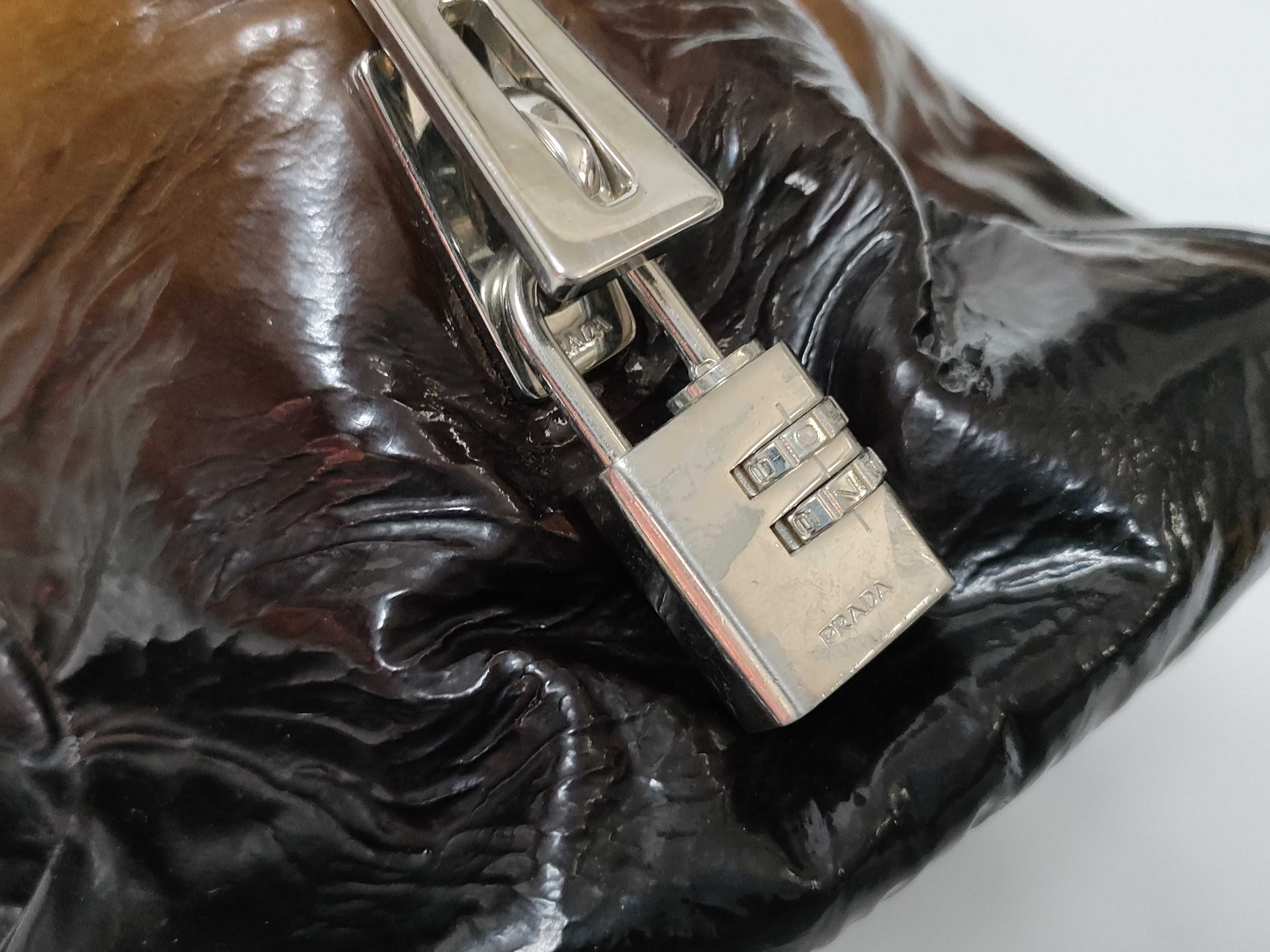 Mini Boston Bag, Brown Leather Enamel Handbag — view 9