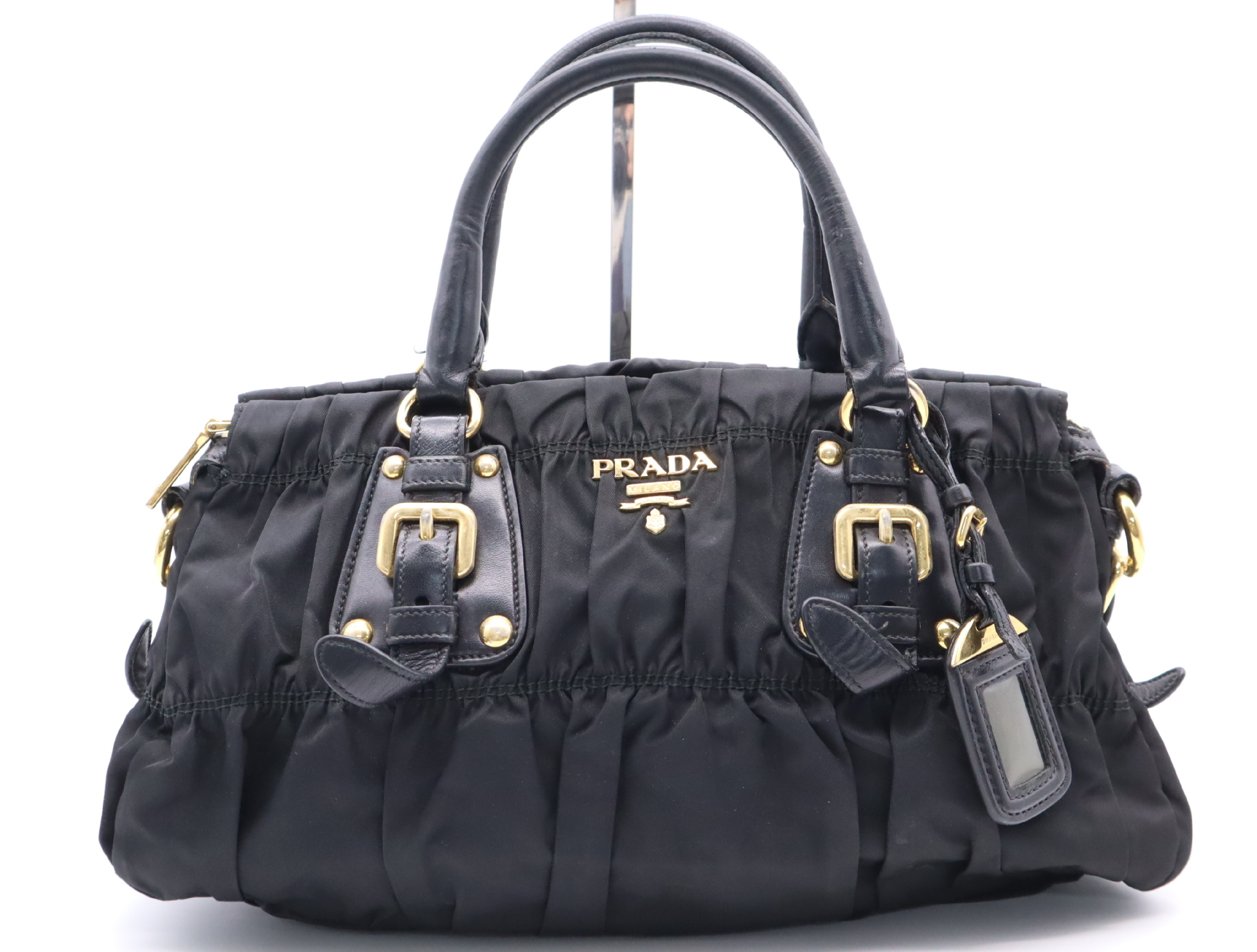 Gathered Handbag with Name Tag, Black, Gold Hardware