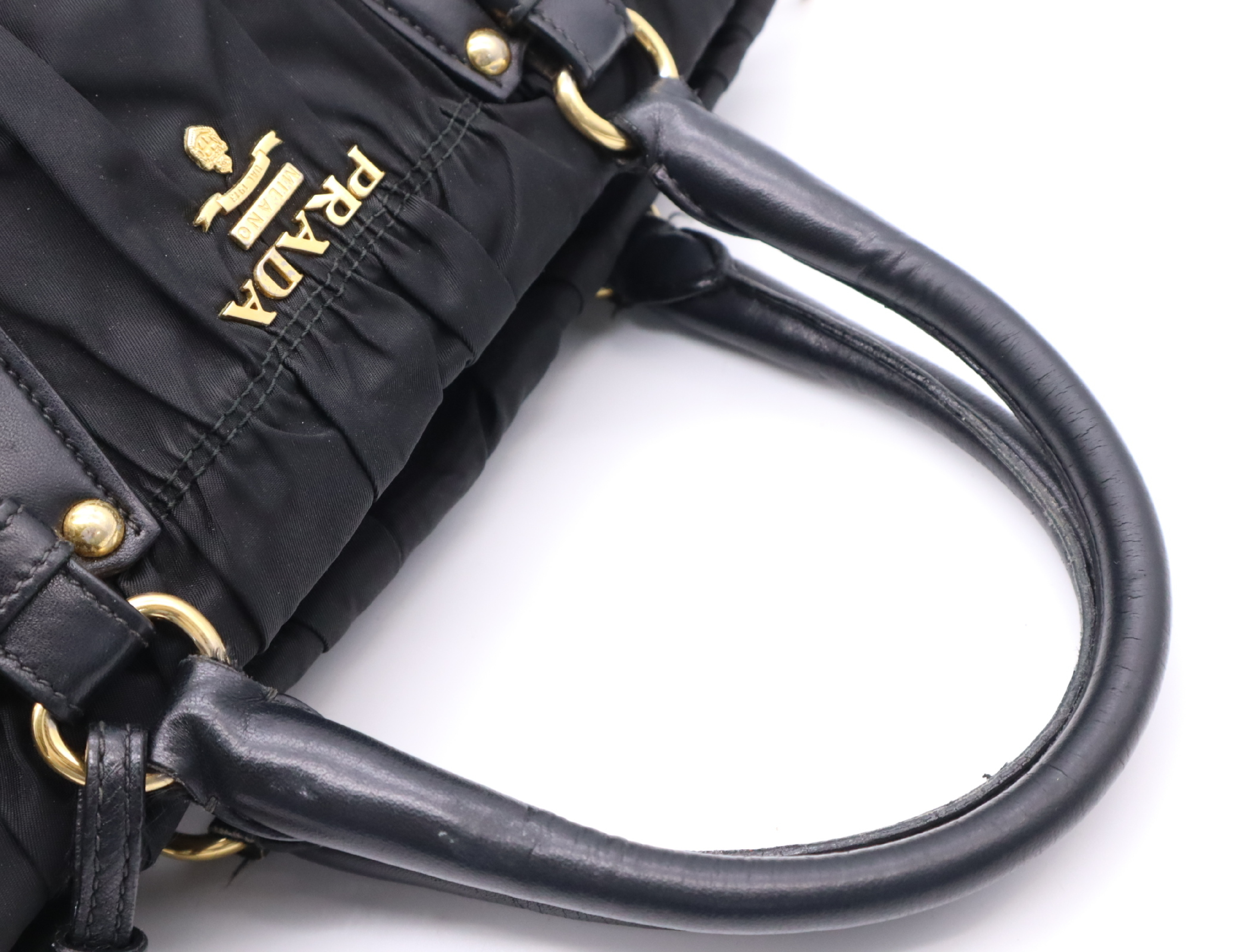 Gathered Handbag with Name Tag, Black, Gold Hardware — view 12