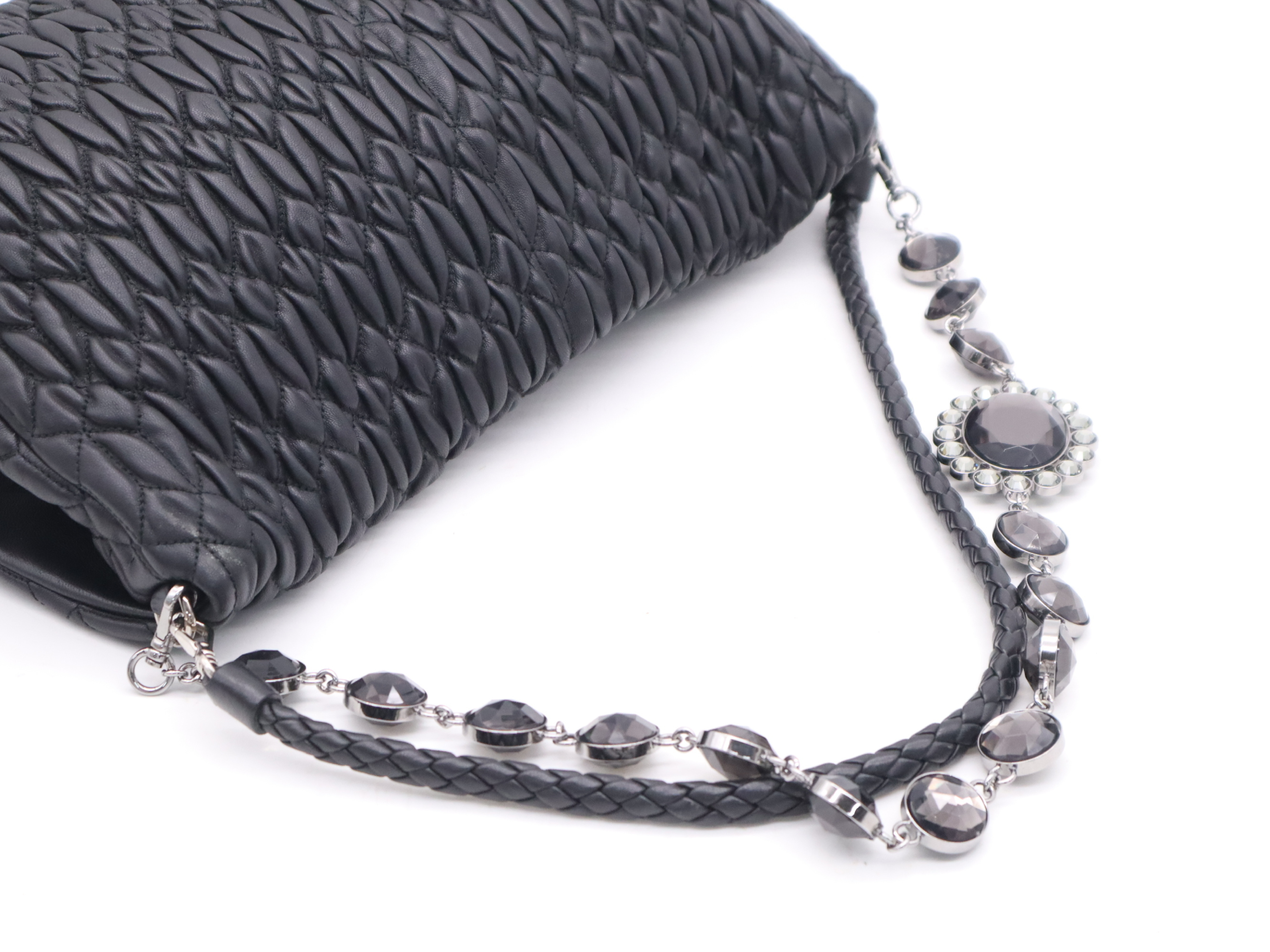 Leather Matelassé Nappa Crystal Handbag with 2 Shoulder Straps and Dust Bag - Black Handbag — view 6