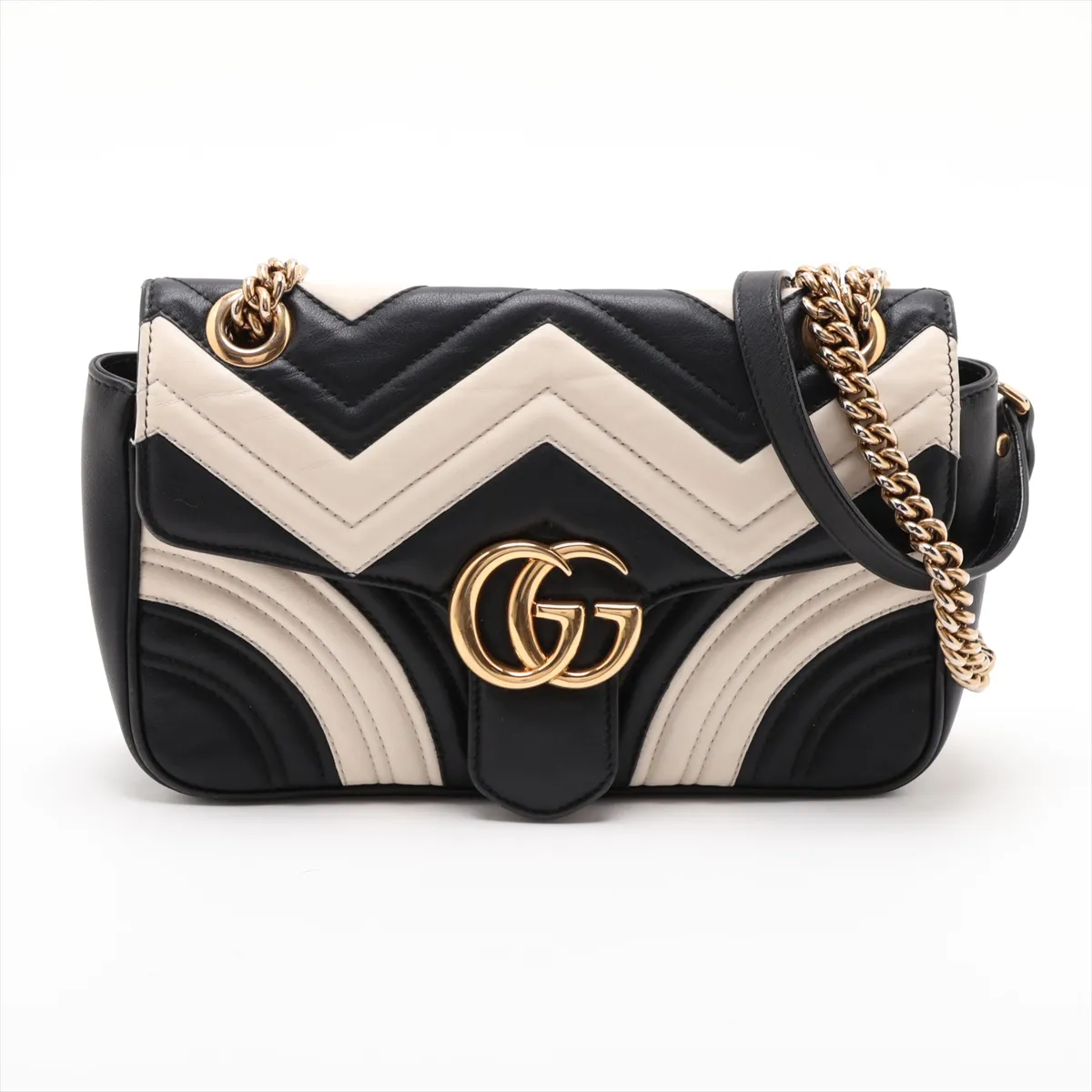 GG Marmont Leather Chain Shoulder Bag, Black x White, 443497