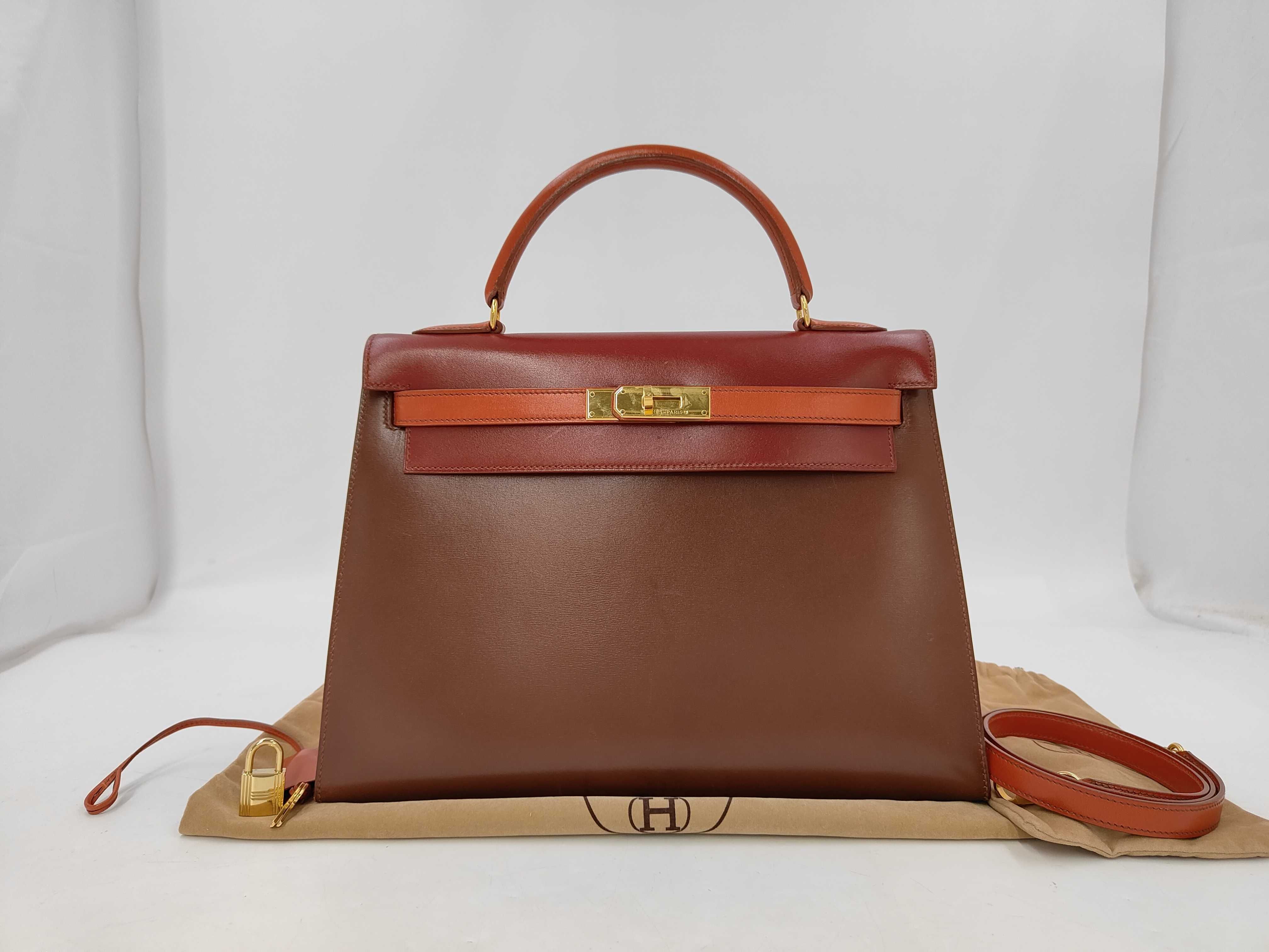 Kelly 32 Box Calf Tricolor Rouge H Brick Marron Foncé Gold Hardware Z Stamp Shoulder Bag